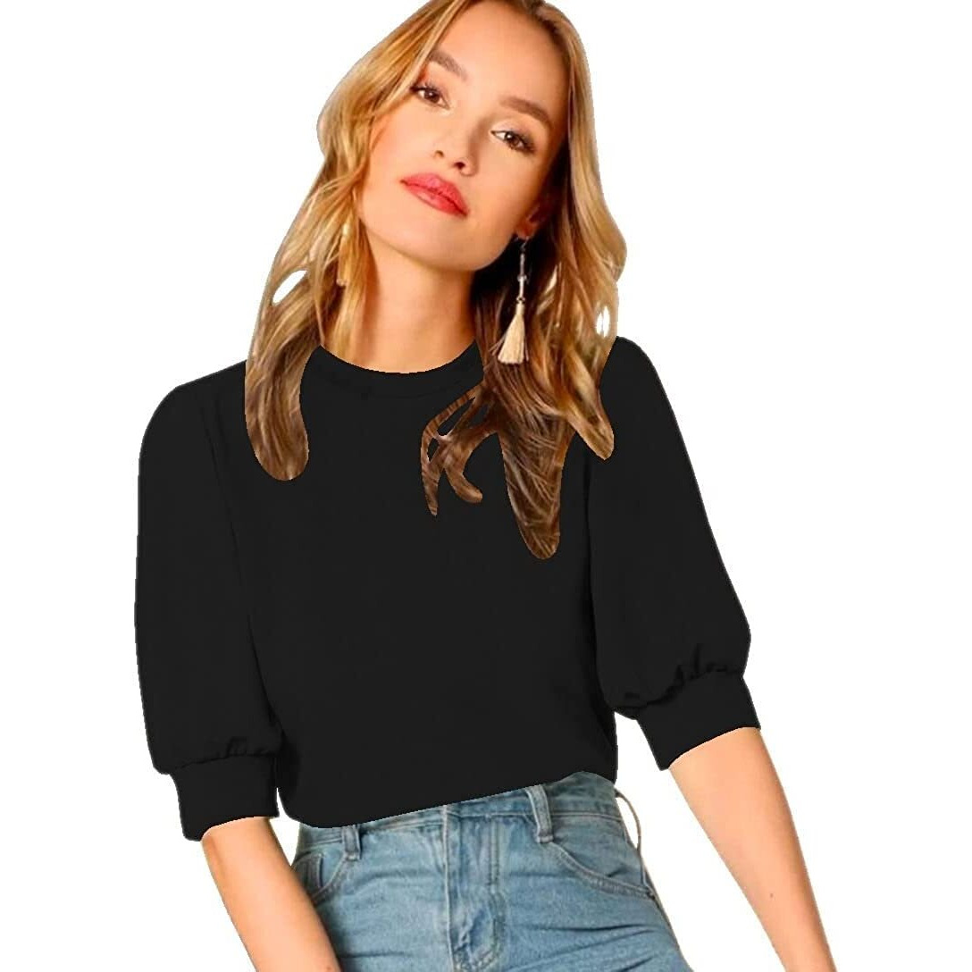 Wedani Women's Casual Puff Sleeves Round Collor Solid Top (X-Large, Black)
