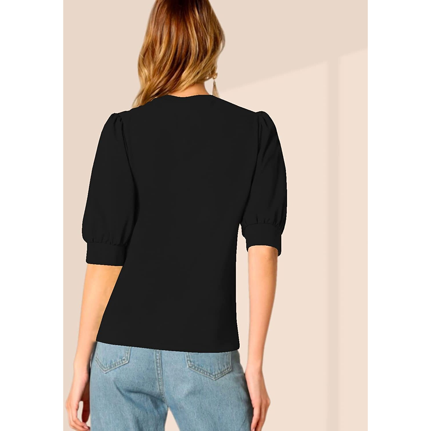 Wedani Women's Casual Puff Sleeves Round Collor Solid Top (X-Large, Black)