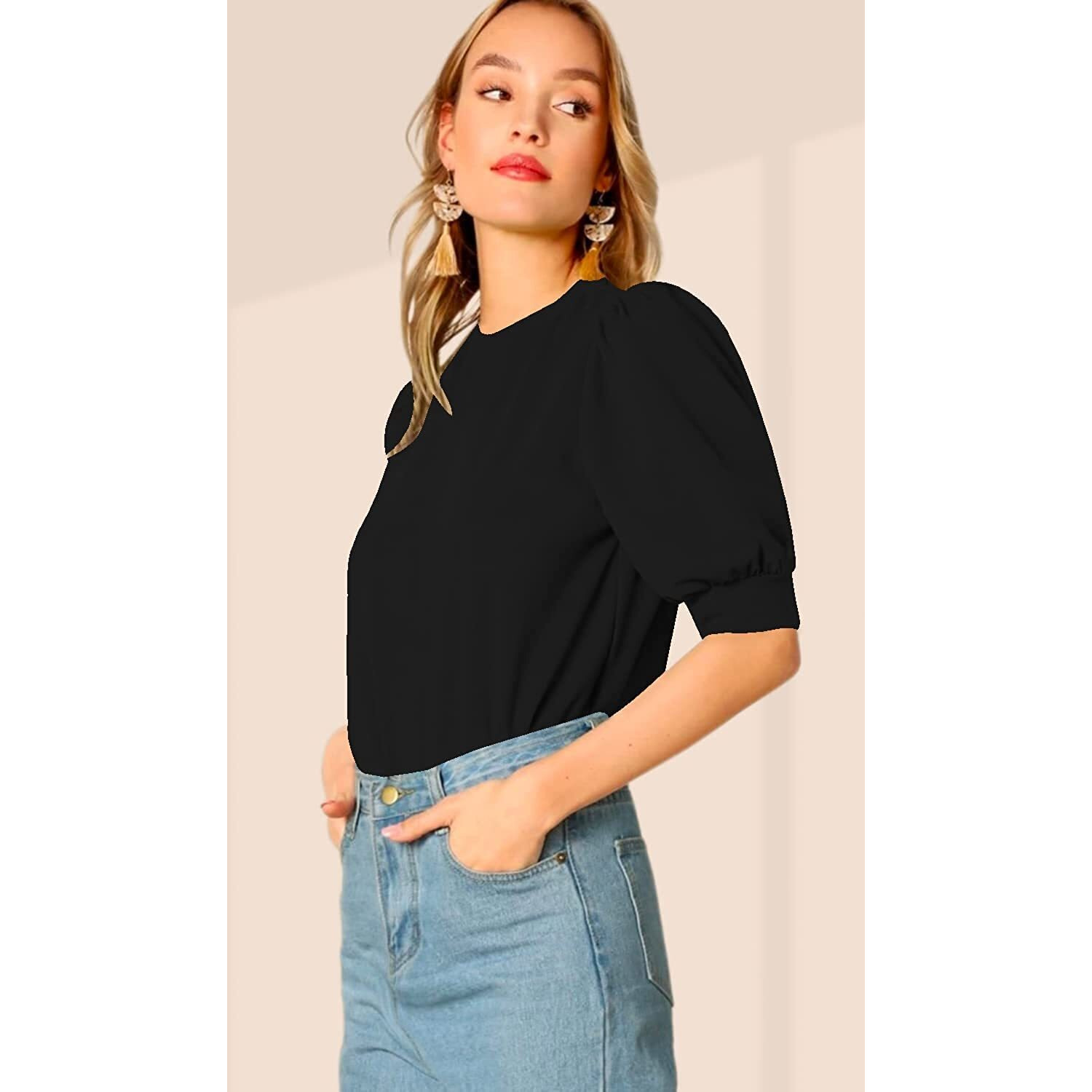 Wedani Women's Casual Puff Sleeves Round Collor Solid Top (X-Large, Black)