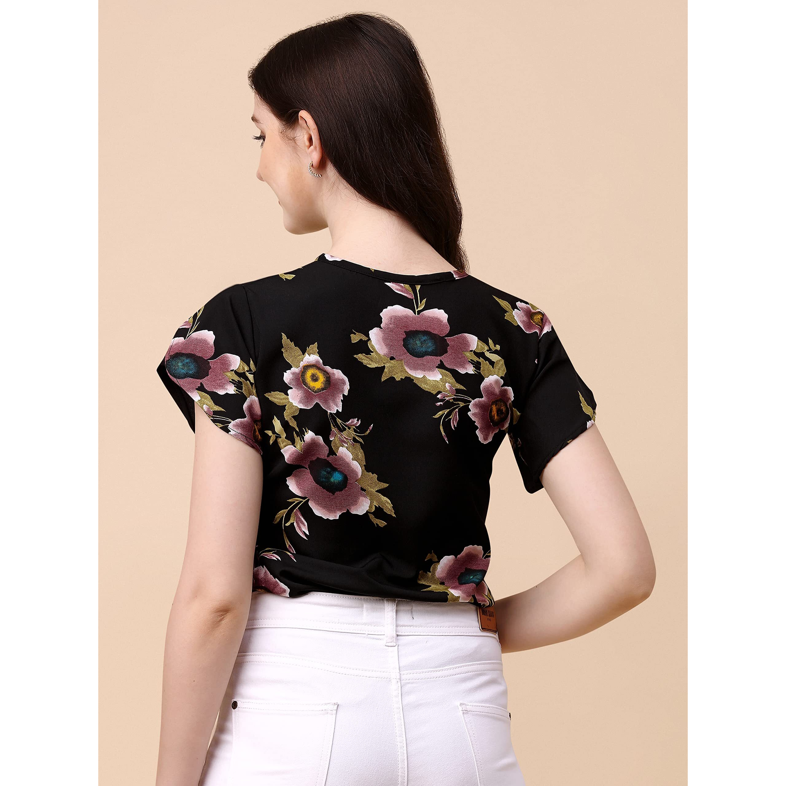 Wedani Women's Casual Short Sleeves Round Neck Foral Regular Fit Top (X-Large, Black-1)