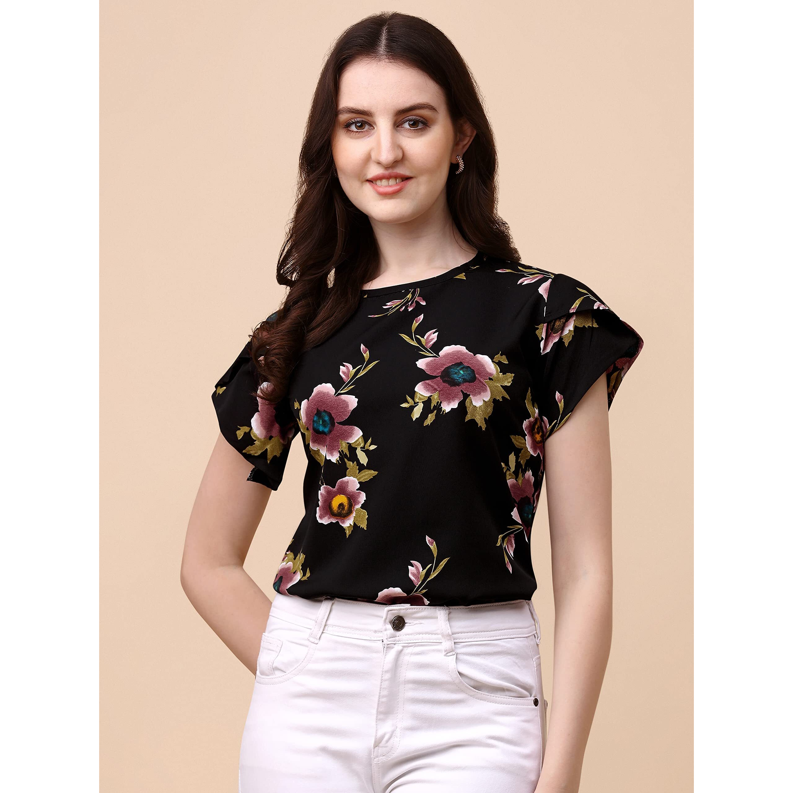 Wedani Women's Casual Short Sleeves Round Neck Foral Regular Fit Top (X-Large, Black-1)