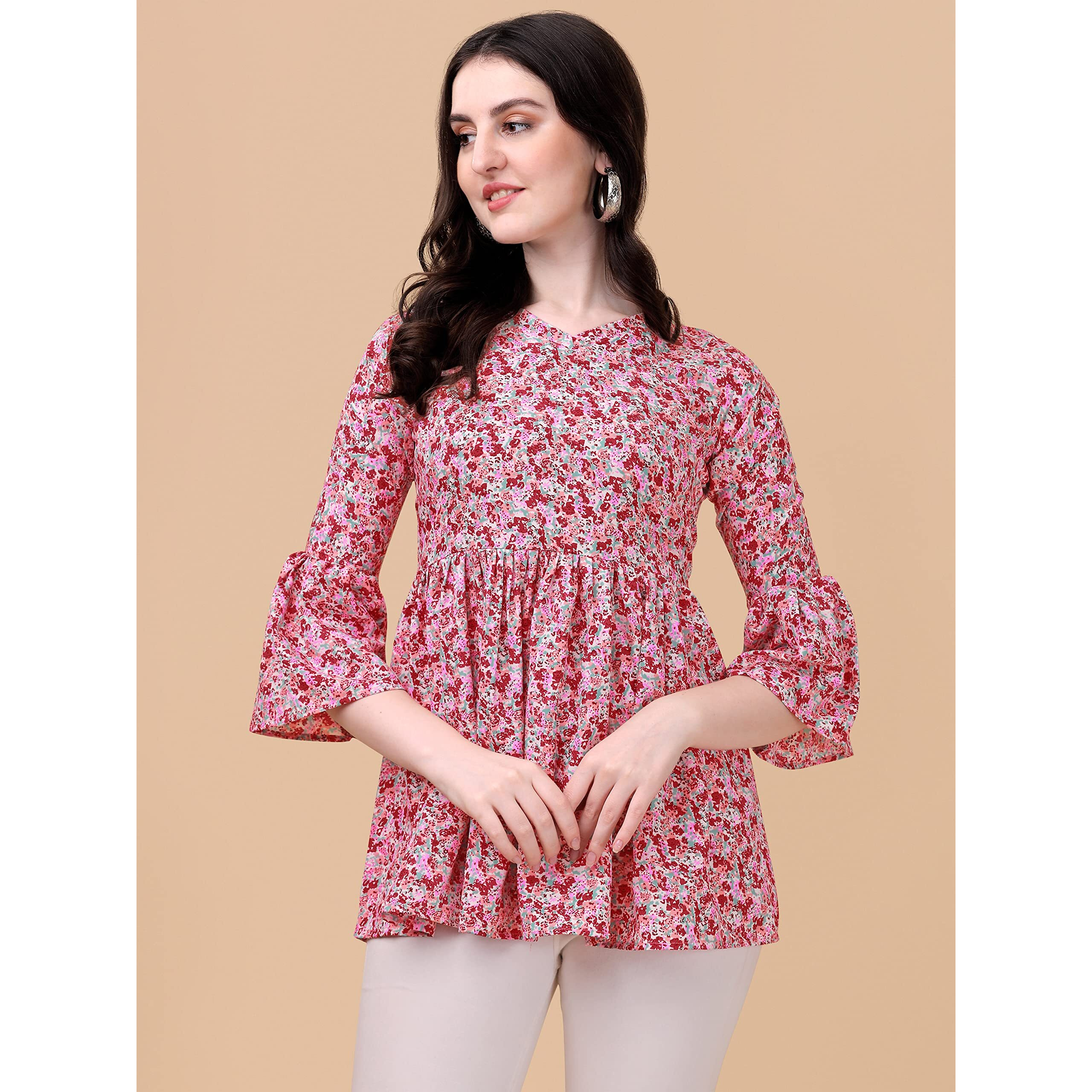 Wedani Women's Casual Bell Sleeves V-Neck Foral Regular Fit Top (X-Large, Pink)
