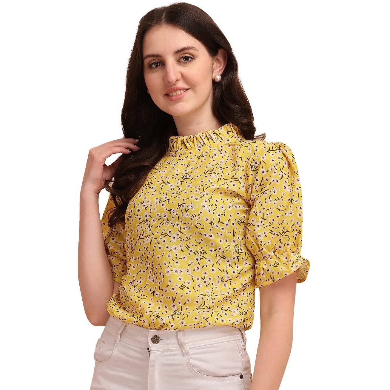 Wedani Women's Casual Puff Sleeves Ruffled Collor Foral Top (X-Large, Yellow)