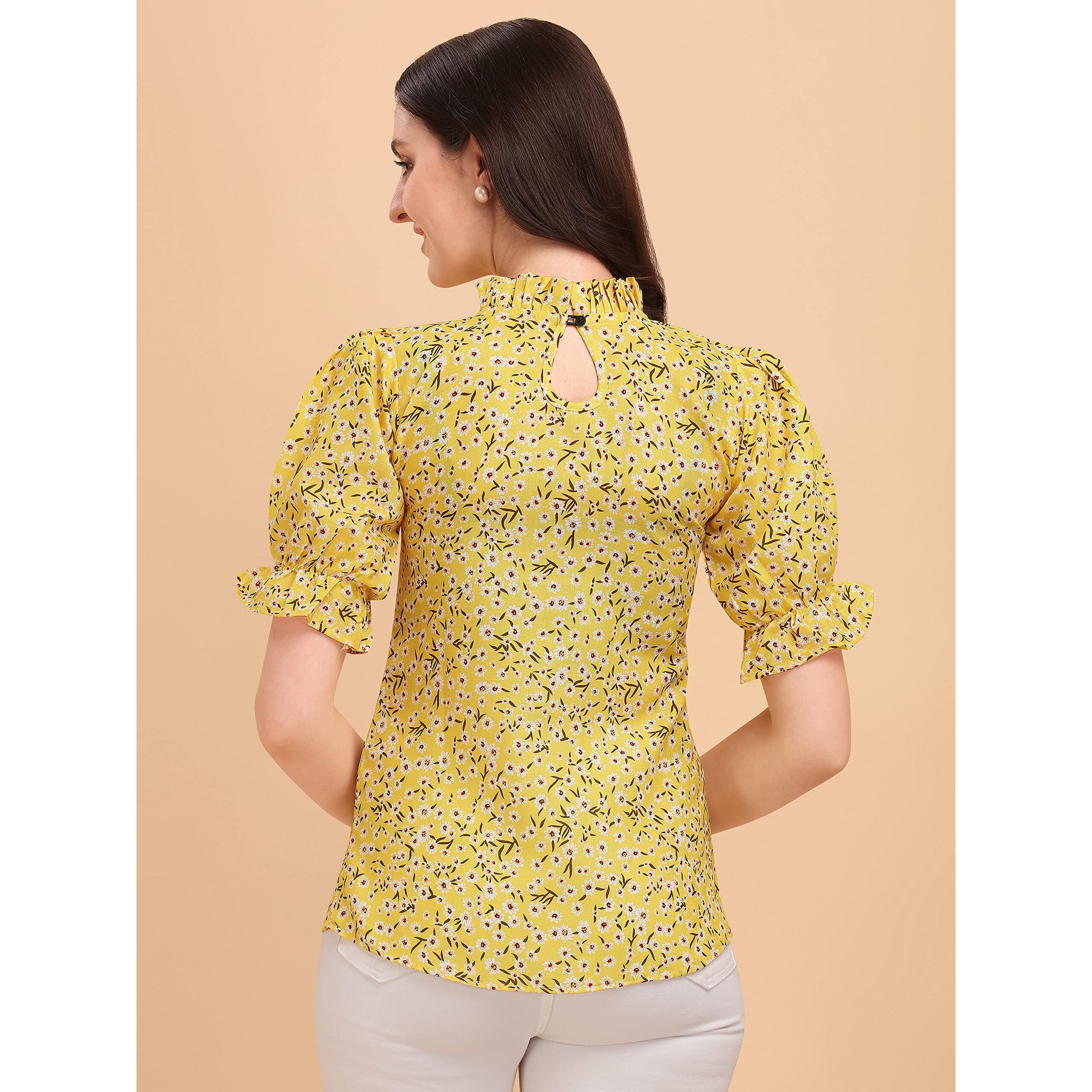 Wedani Women's Casual Puff Sleeves Ruffled Collor Foral Top (X-Large, Yellow)