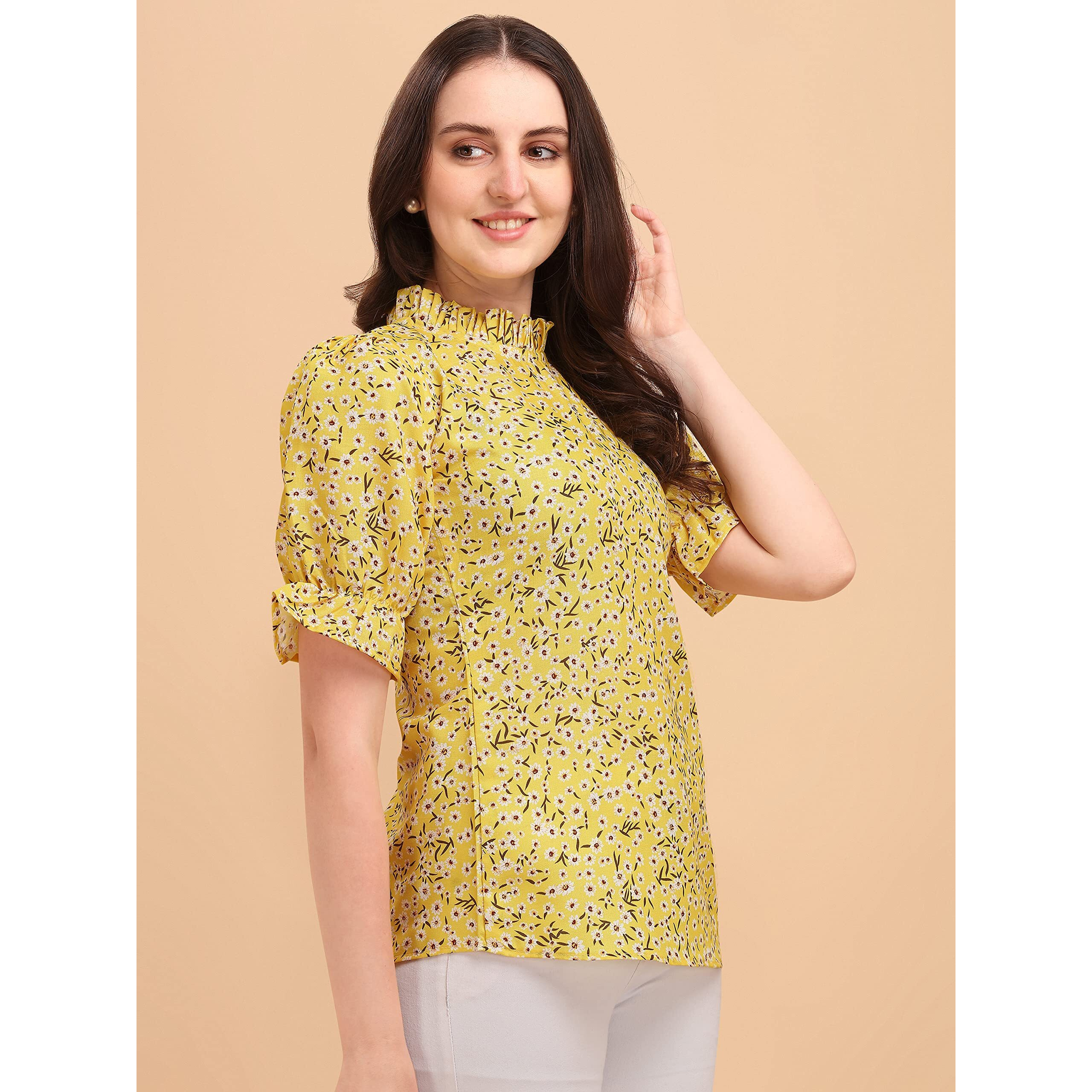 Wedani Women's Casual Puff Sleeves Ruffled Collor Foral Top (X-Large, Yellow)