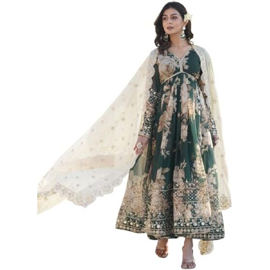 Wedani Women's Georgette Anarkali Kurta Set with Floral Print (IN, Alpha, 2XL, Regular, GREEN)