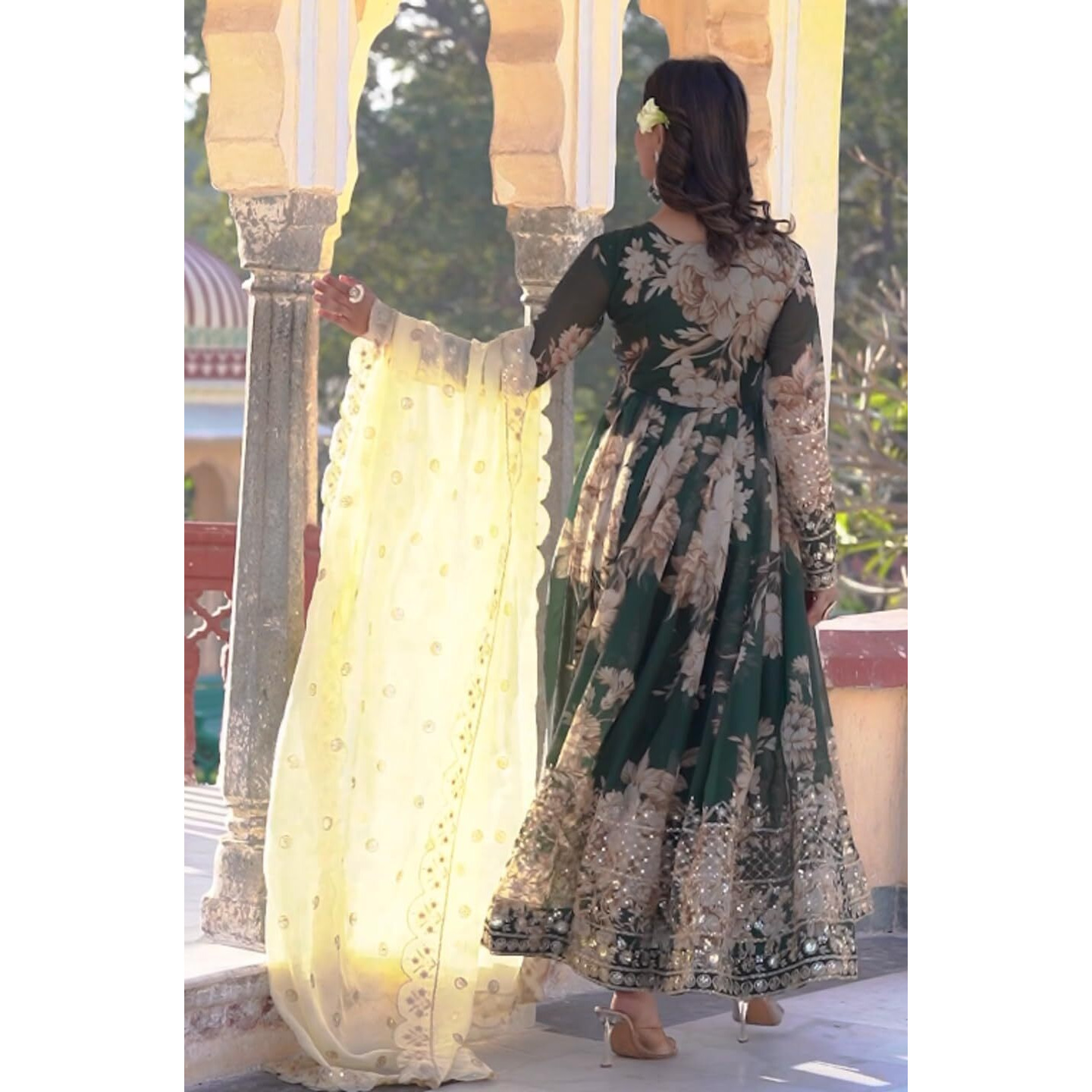 Wedani Women's Georgette Anarkali Kurta Set with Floral Print (IN, Alpha, 2XL, Regular, GREEN)
