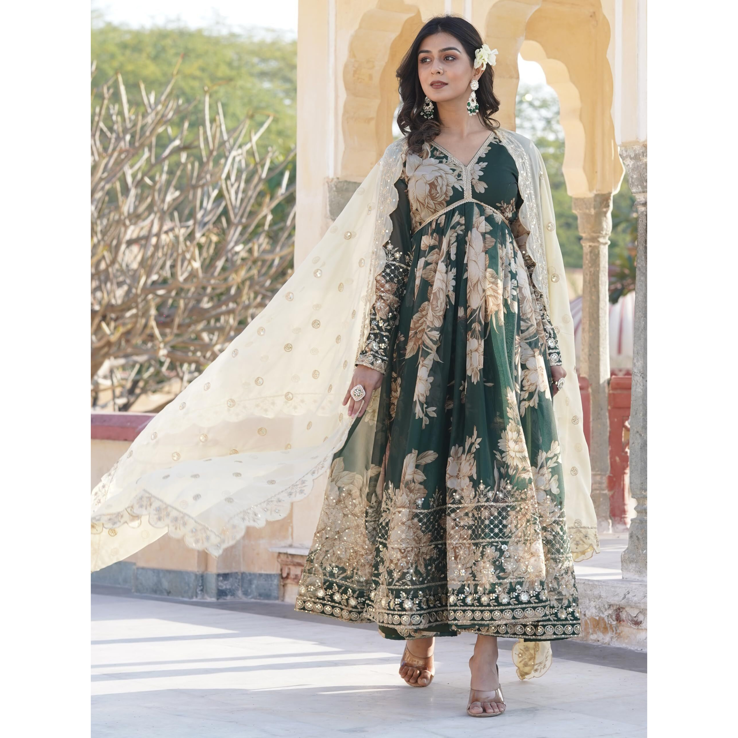 Wedani Women's Georgette Anarkali Kurta Set with Floral Print (IN, Alpha, 2XL, Regular, GREEN)