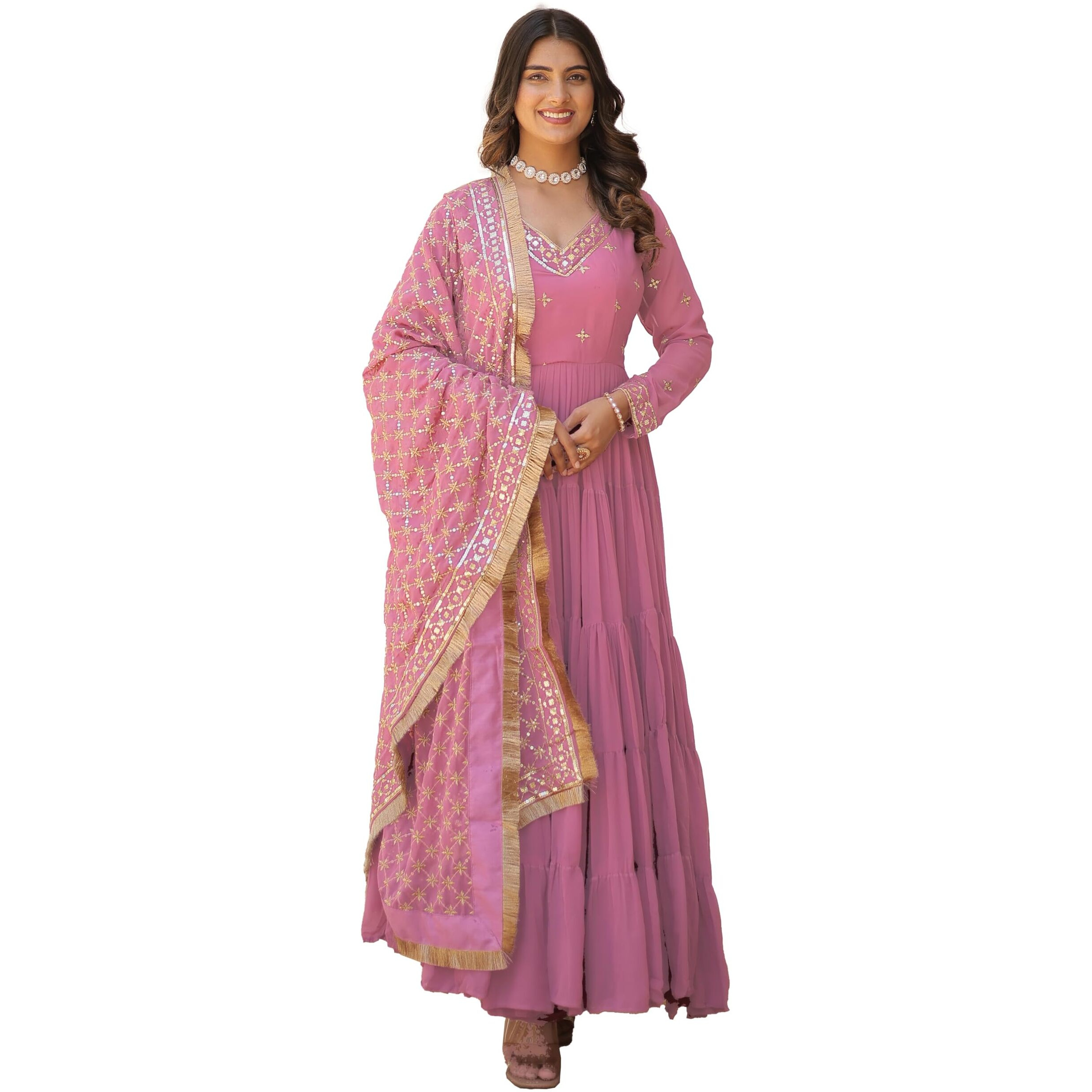Wedani Georgette Sequins Embroidered Work Anrakali Kurta Set for Women (in, Alpha, M, Regular, Pink)