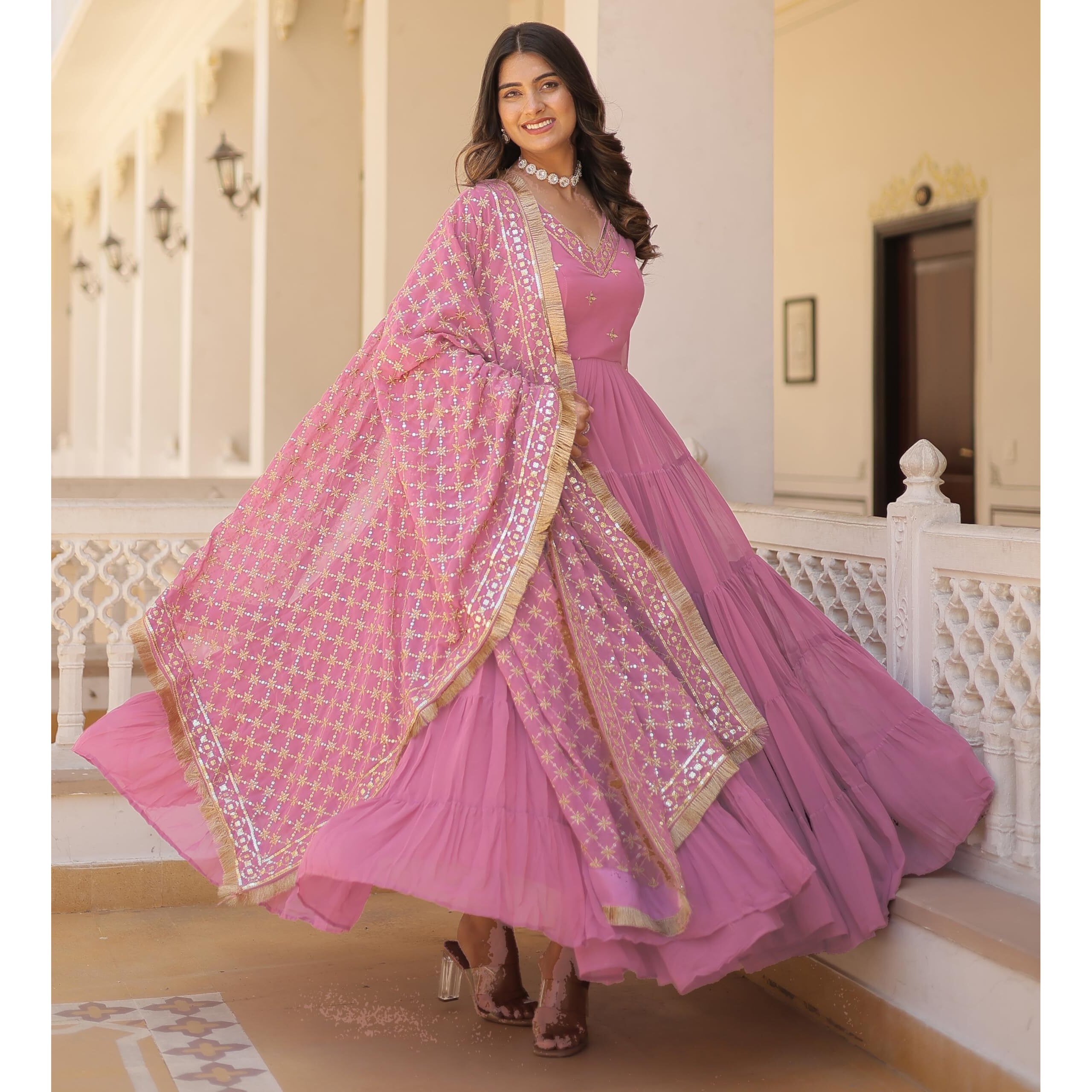 Wedani Georgette Sequins Embroidered Work Anrakali Kurta Set for Women (in, Alpha, M, Regular, Pink)