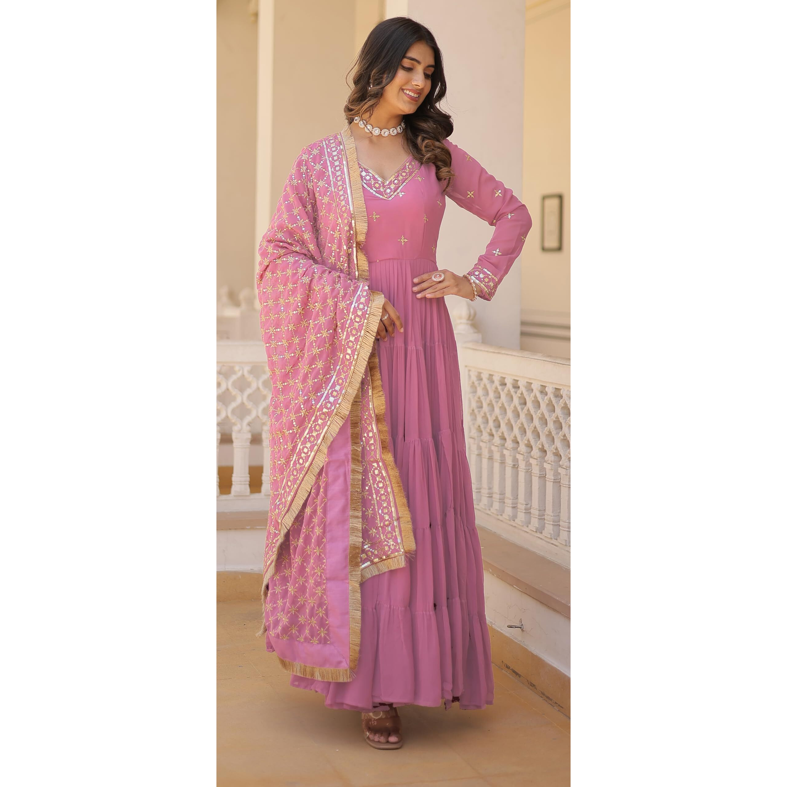 Wedani Georgette Sequins Embroidered Work Anrakali Kurta Set for Women (in, Alpha, M, Regular, Pink)