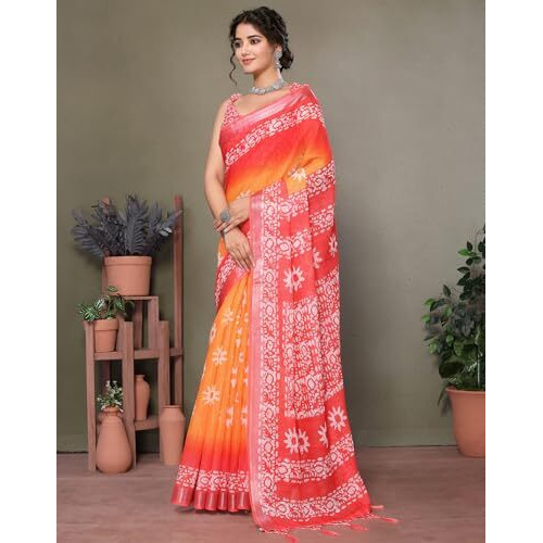 Yashika Women's Plain Digital Print Cotton Silk Blend Saree with Silver Weaving Border Tassels-Elegant Ethnic Wear for Festive and Casual Occasions (AZ-YS-P3-TIGER 07 to 20-Parent_Tiger 10-Orange)