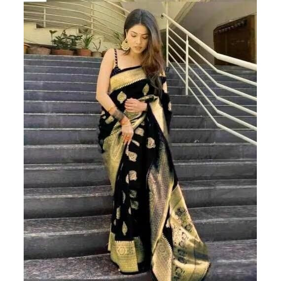 Yashika Women's Jacquard Trendy Banarasi Kanjivaram Black Color Saree with Blouse Material(AZ-YS-P1-SAKINA Purple) (AZ-YS-P1-SAKINA-P-0