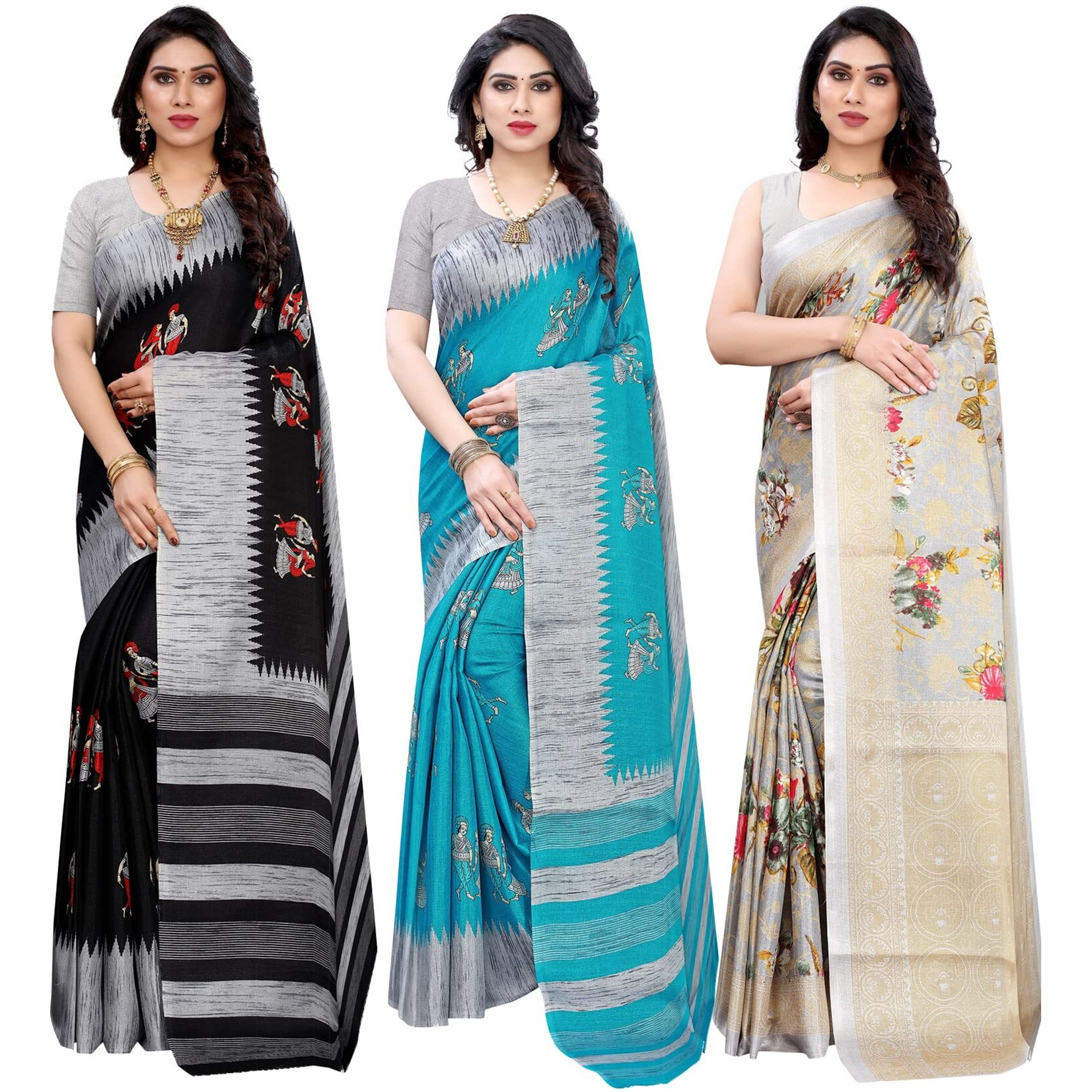 Yashika Women's Combo Art Silk Saree with Blouse Piece-Pack of 3 Black-NAURTA Blue-PUDINA Grey Multicolor-14
