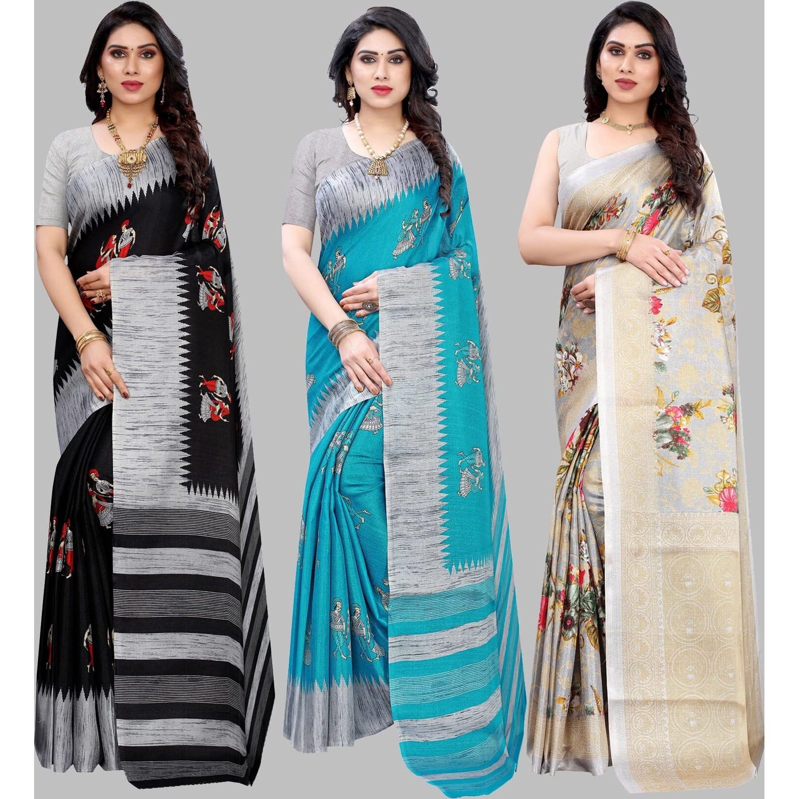 Yashika Women's Combo Art Silk Saree with Blouse Piece-Pack of 3 Black-NAURTA Blue-PUDINA Grey Multicolor-14