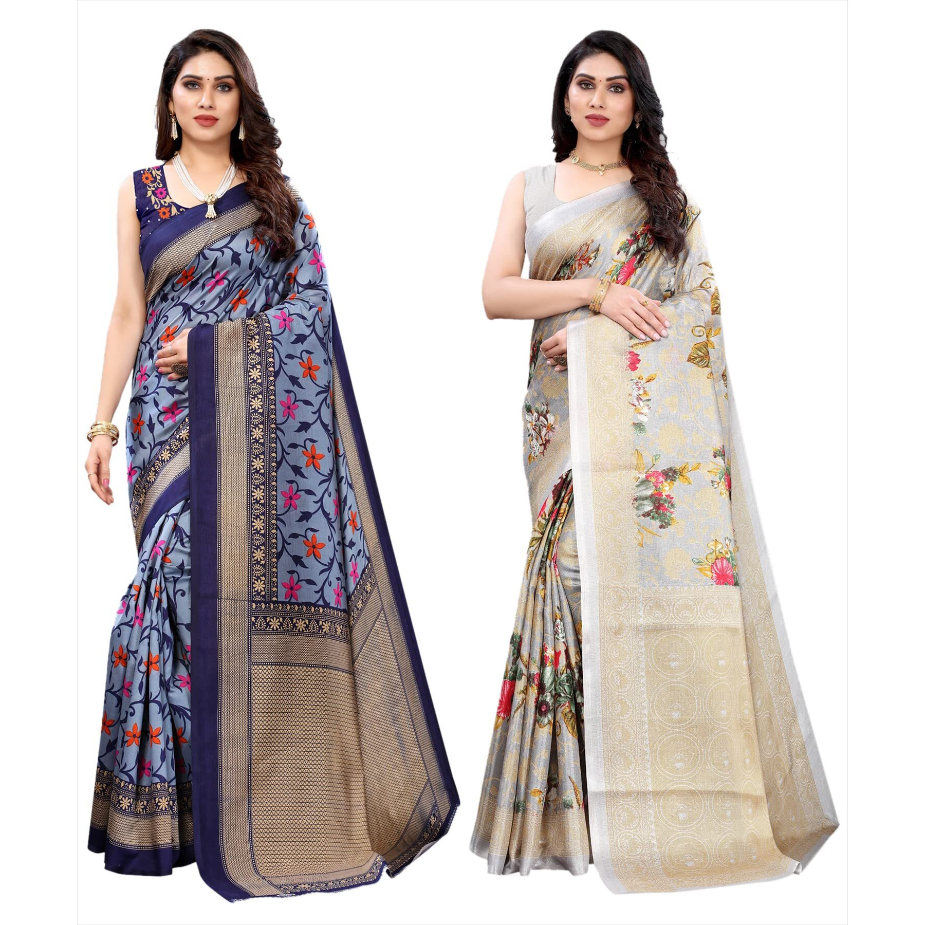 Yashika Women's Combo Art Silk Printed Saree With Blouse Piece Pack Of 2(SWATI NAVY-PUDINA GREY)