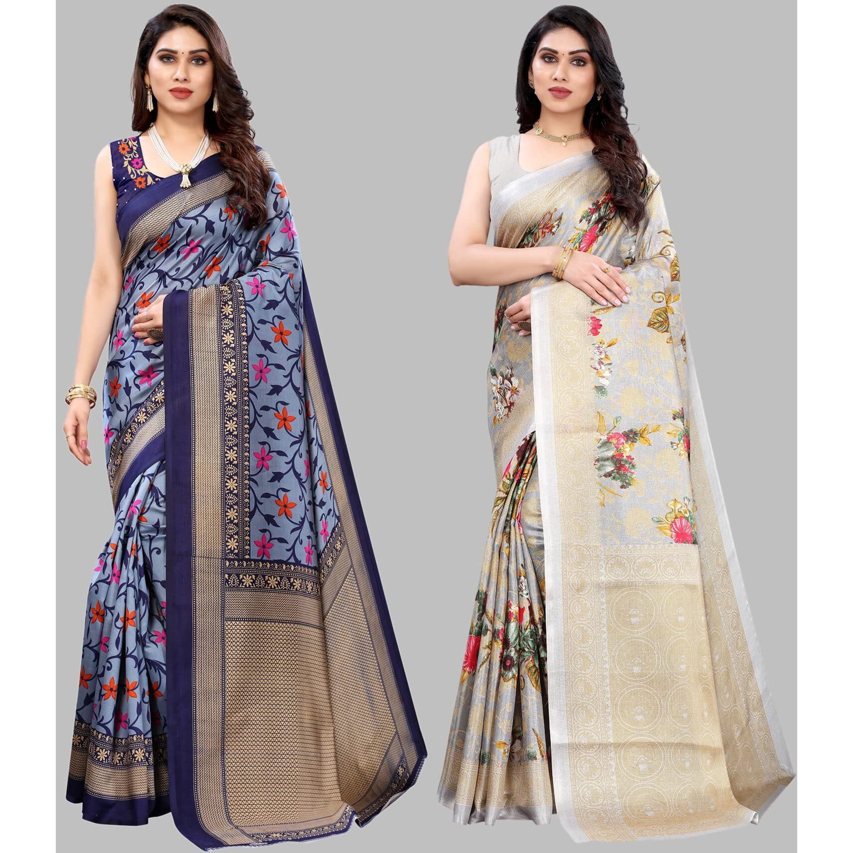 Yashika Women's Combo Art Silk Printed Saree With Blouse Piece Pack Of 2(SWATI NAVY-PUDINA GREY)