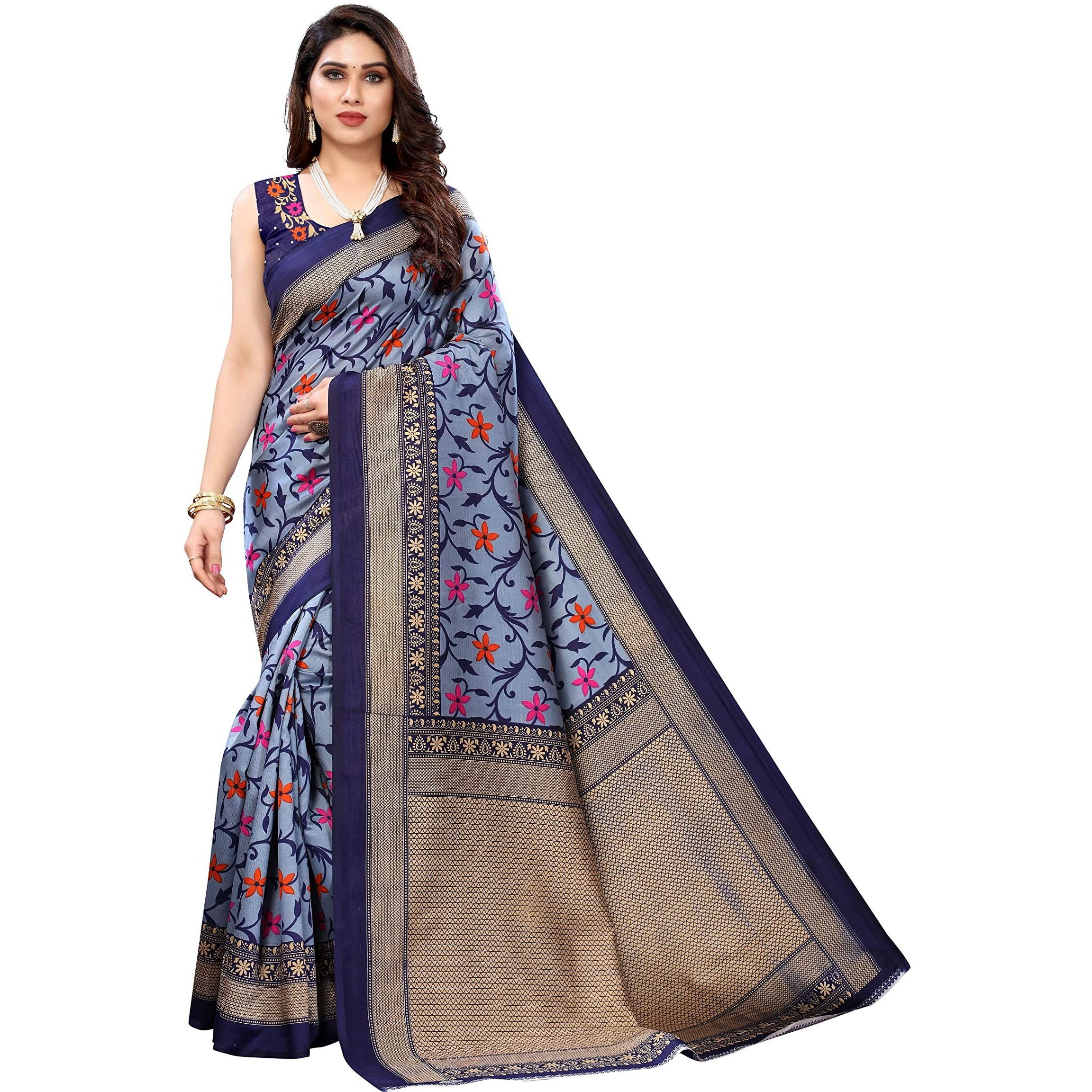Yashika Women's Combo Art Silk Printed Saree With Blouse Piece Pack Of 2(SWATI NAVY-PUDINA GREY)