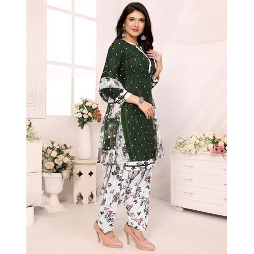 Yashika Women's Printed Dress Material - Unstitched Crepe Fabric Kurti, Pants & Dupatta Set (AZ-YS-P1-ABHILASHA GREEN)