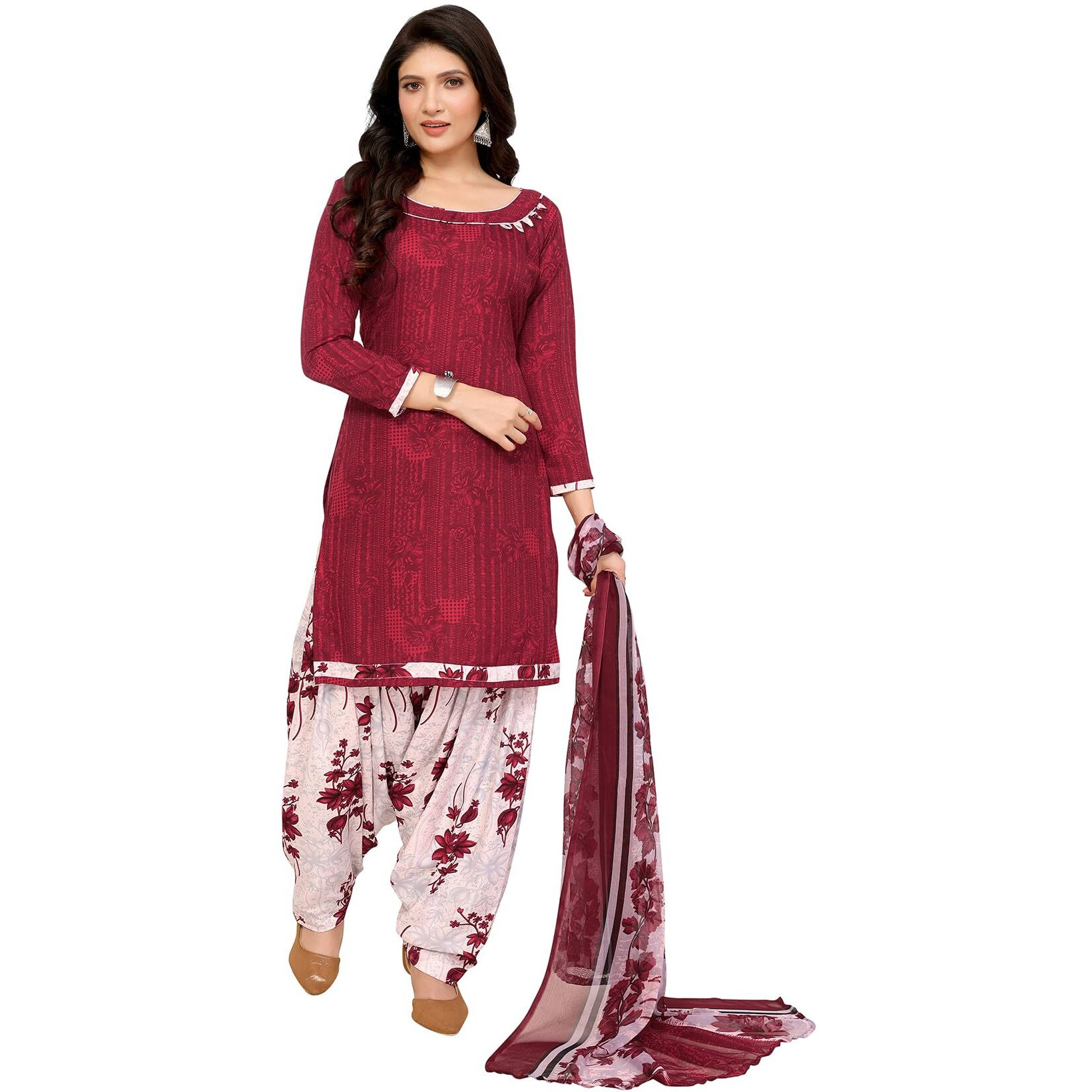 Yashika Women's Printed Dress Material - Unstitched Crepe Fabric Kurti, Pants & Dupatta Set (AZ-YS-P1-NITU WINE)