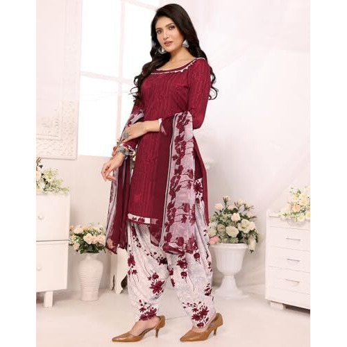 Yashika Women's Printed Dress Material - Unstitched Crepe Fabric Kurti, Pants & Dupatta Set (AZ-YS-P1-NITU WINE)