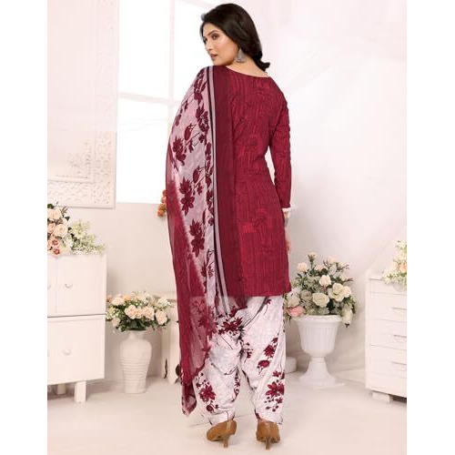 Yashika Women's Printed Dress Material - Unstitched Crepe Fabric Kurti, Pants & Dupatta Set (AZ-YS-P1-NITU WINE)