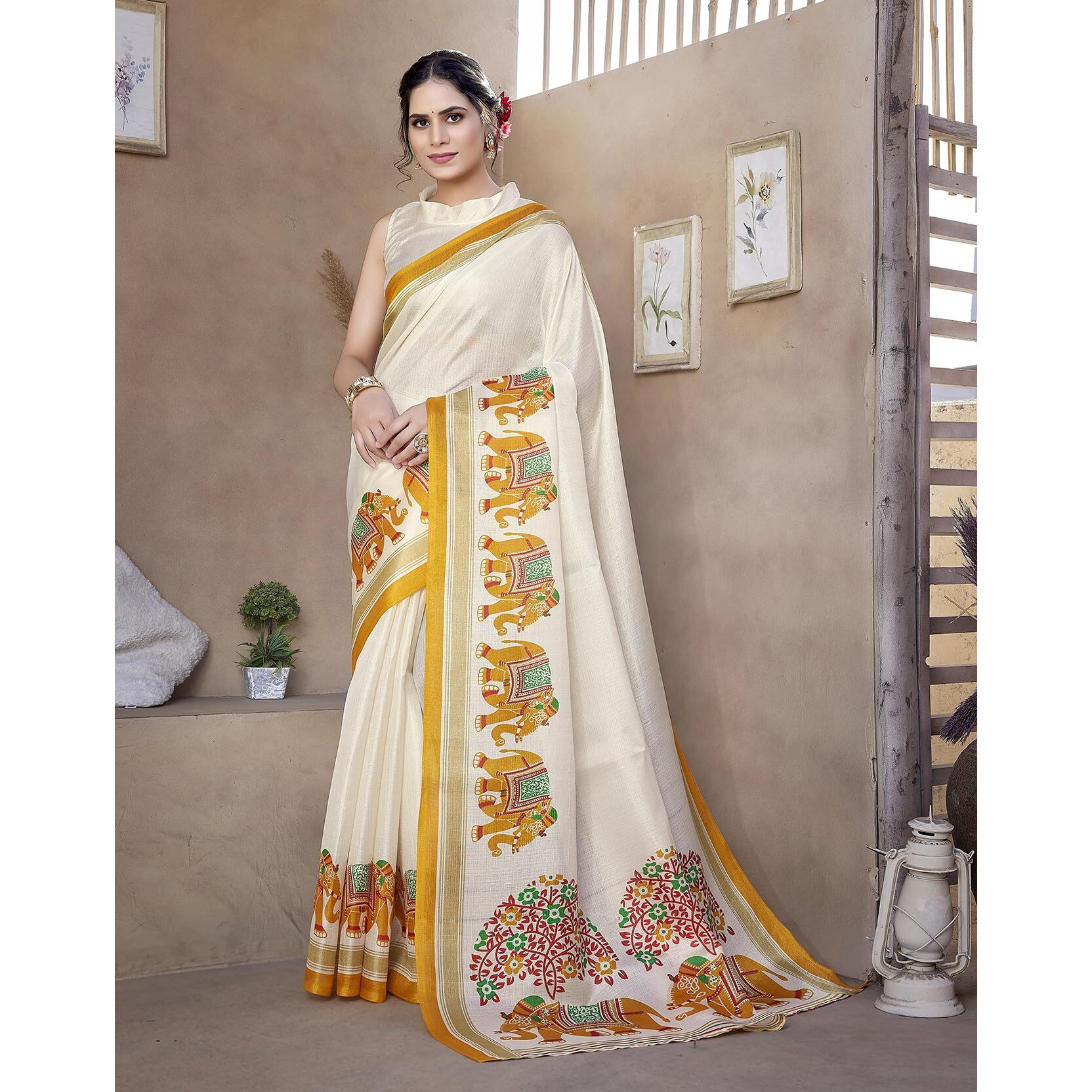 Yashika Women's Art Silk Saree Printed Saree With Unstitched Blouse Material - Suitable For All Indian Occasions and Festivals (AZ-YS-OG-KALAMKARI 11 YELLOW)
