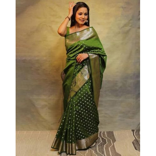 Yashika Women's Banarasi Kanjivaram Cotton Silk Woven Saree with Unstitched Blouse Material (AZ-YS-OG-SIMMI MAHENDI)