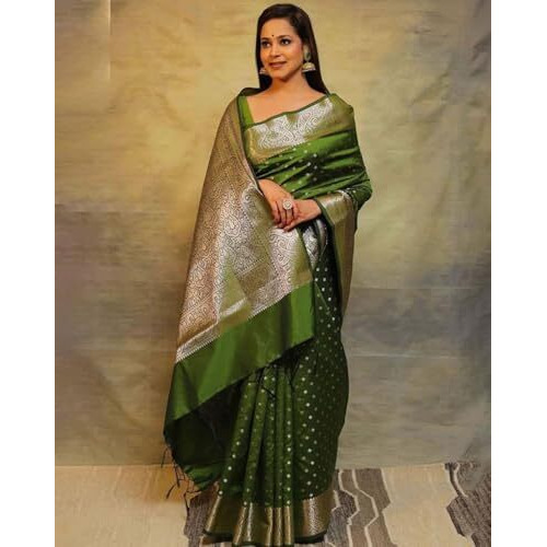 Yashika Women's Banarasi Kanjivaram Cotton Silk Woven Saree with Unstitched Blouse Material (AZ-YS-OG-SIMMI MAHENDI)