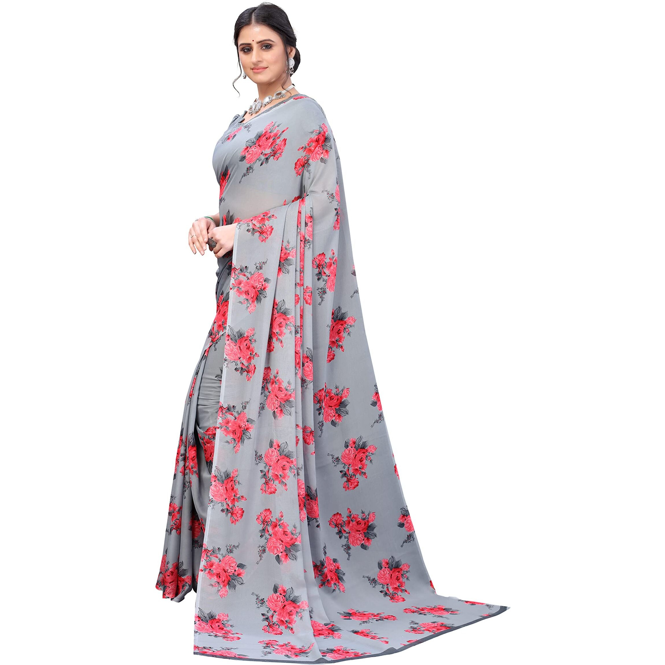 Yashika Womens Printed Georgette Saree With Blouse Piece(JALSA GREY)