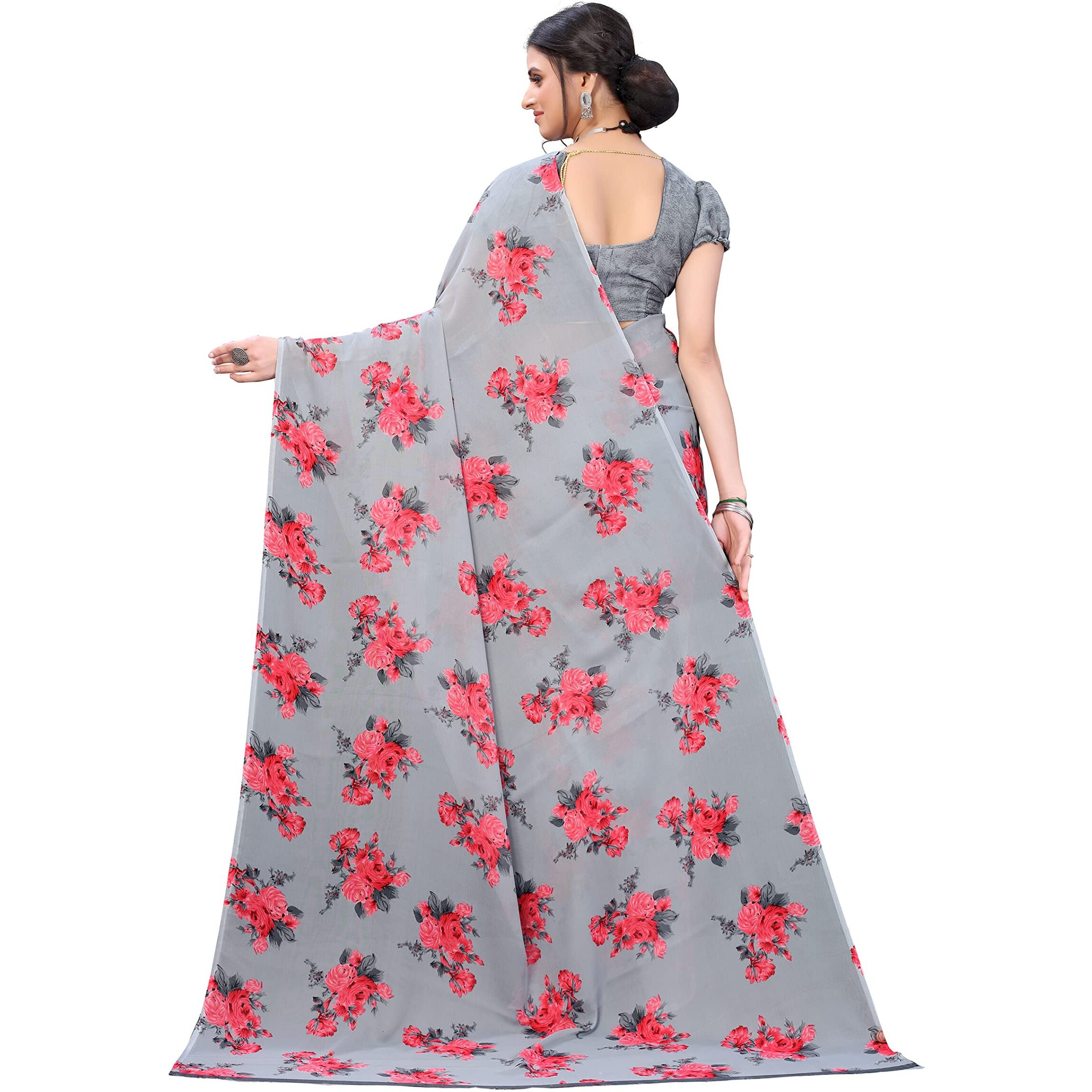 Yashika Womens Printed Georgette Saree With Blouse Piece(JALSA GREY)