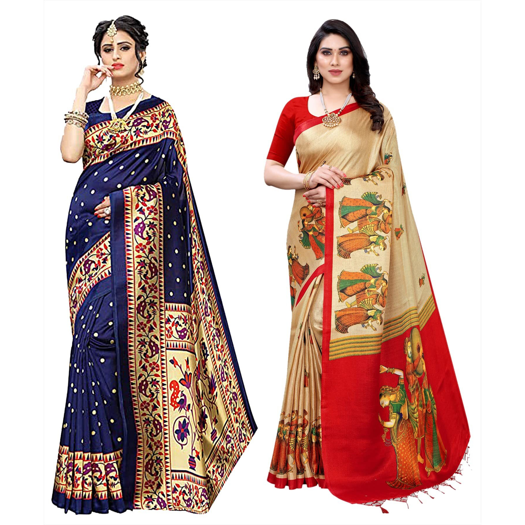 Yashika Women's Combo Art Silk Printed Saree With Blouse Piece Pack Of 2(MATWALI NAVY-RAJARANI CHICKU)