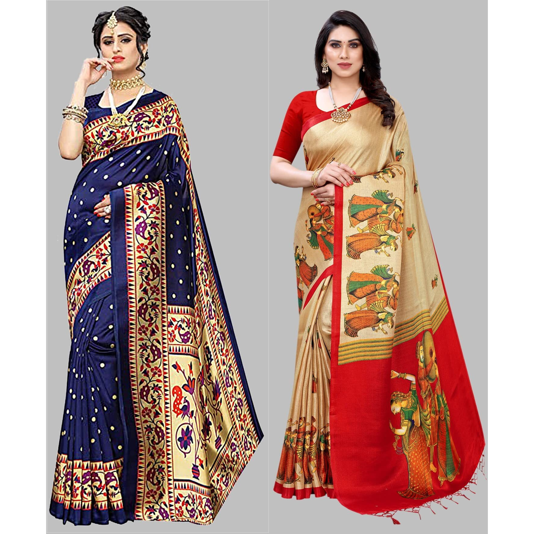 Yashika Women's Combo Art Silk Printed Saree With Blouse Piece Pack Of 2(MATWALI NAVY-RAJARANI CHICKU)