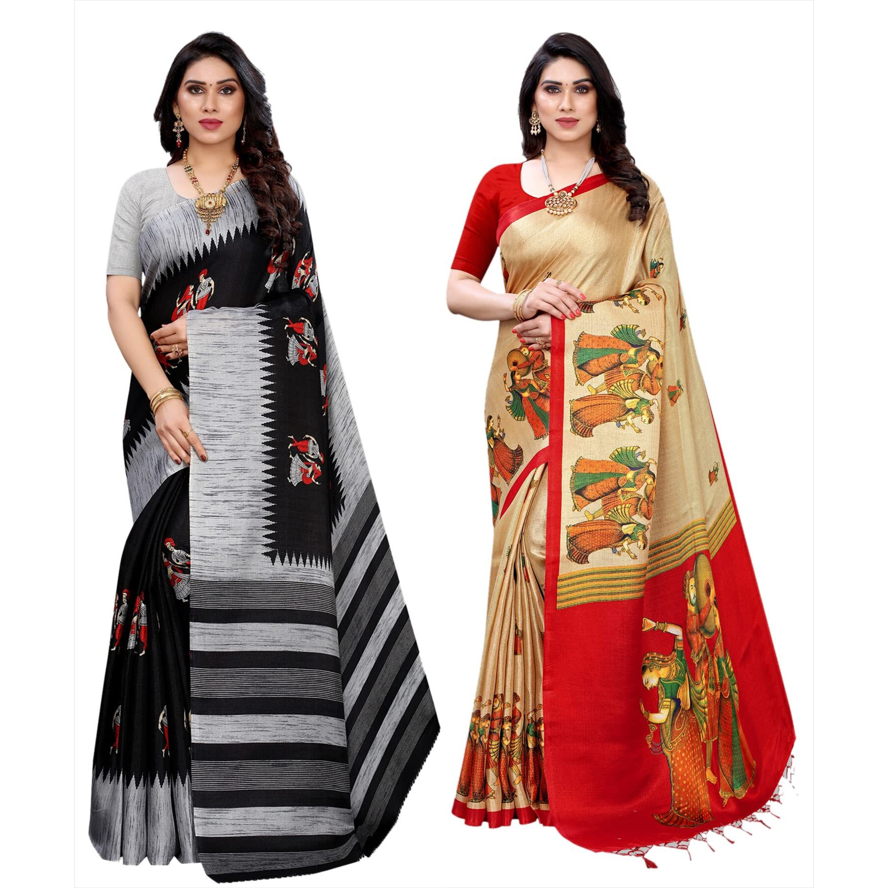 Yashika Women's Combo Art Silk Printed Saree With Blouse Piece Pack Of 2(NAURTA BLACK-RAJARANI CHICKU)