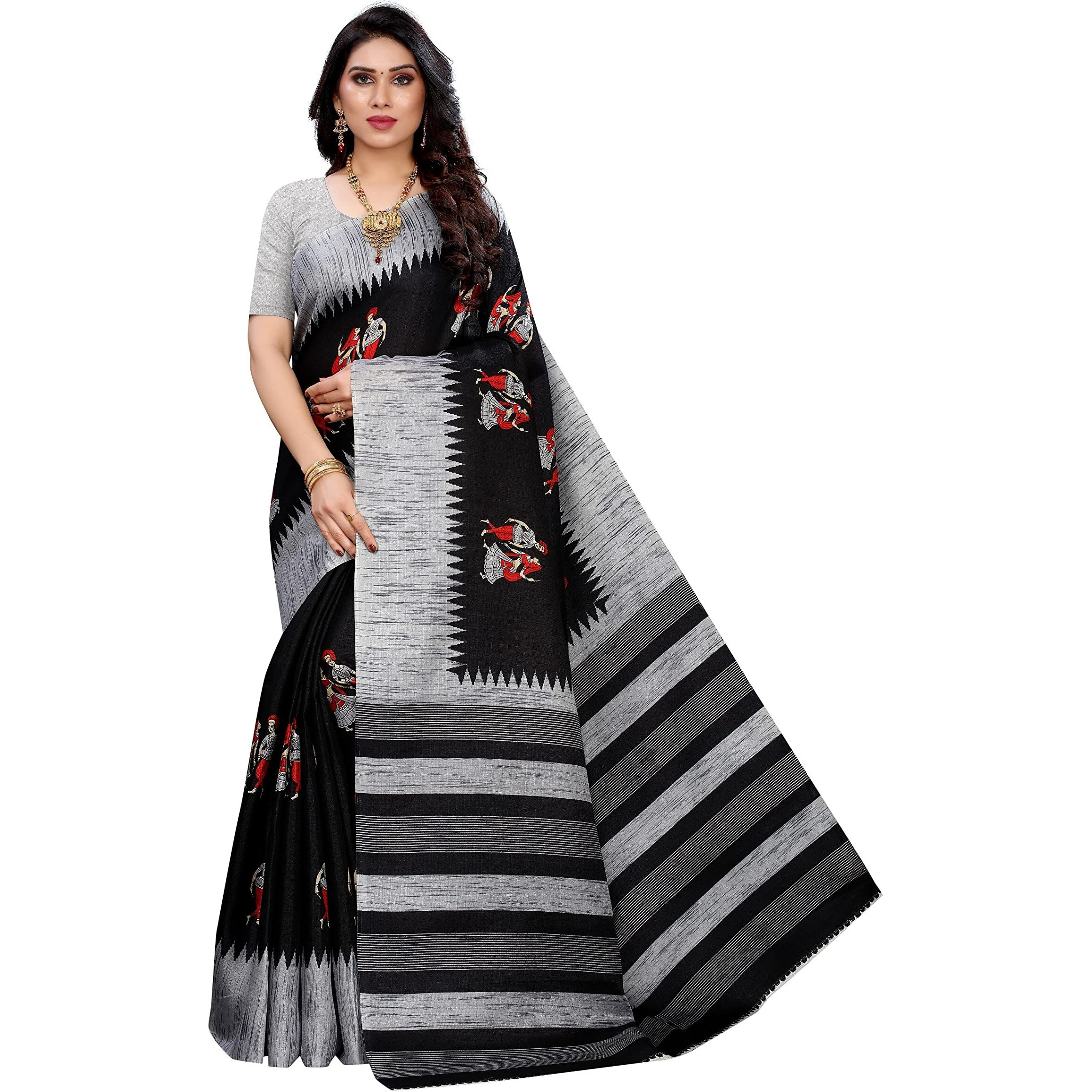 Yashika Women's Combo Art Silk Printed Saree With Blouse Piece Pack Of 2(NAURTA BLACK-RAJARANI CHICKU)