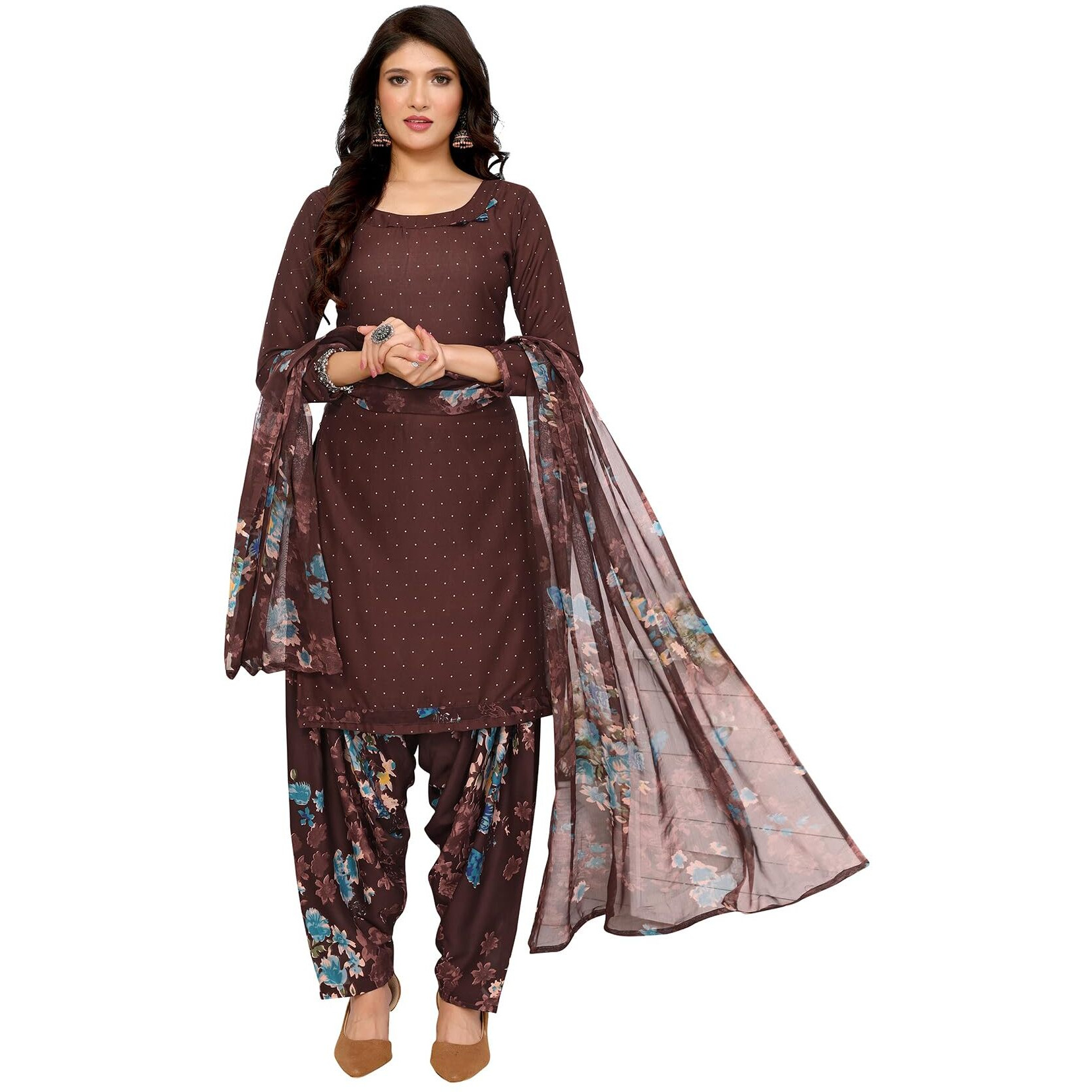 Yashika Women's Printed Dress Material - Unstitched Crepe Fabric Kurti, Pants & Dupatta Set (AZ-YS-P1-COFFEE FLOWER)