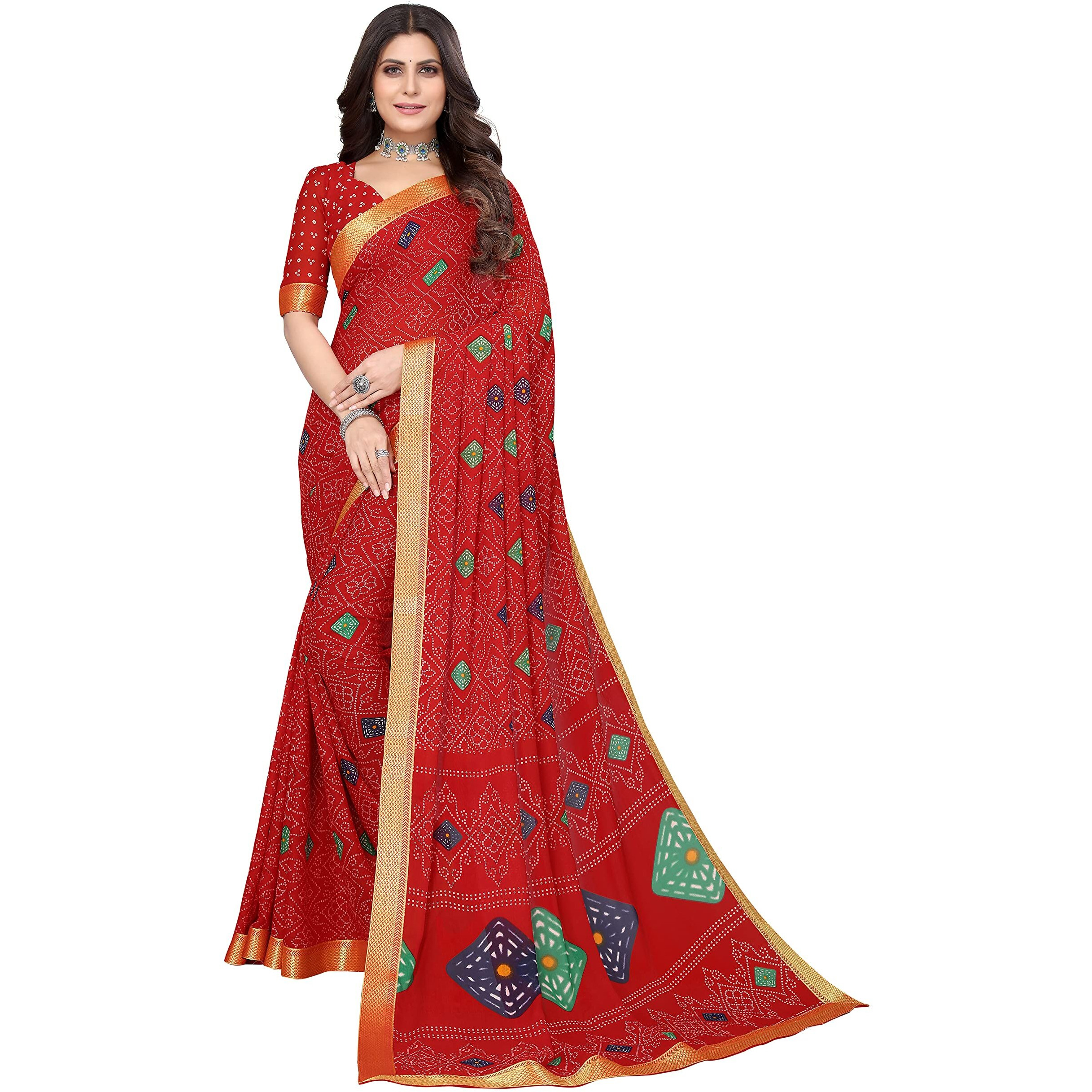 Yashika Printed Georgette Saree With Lace Border Free size ROHINI RED