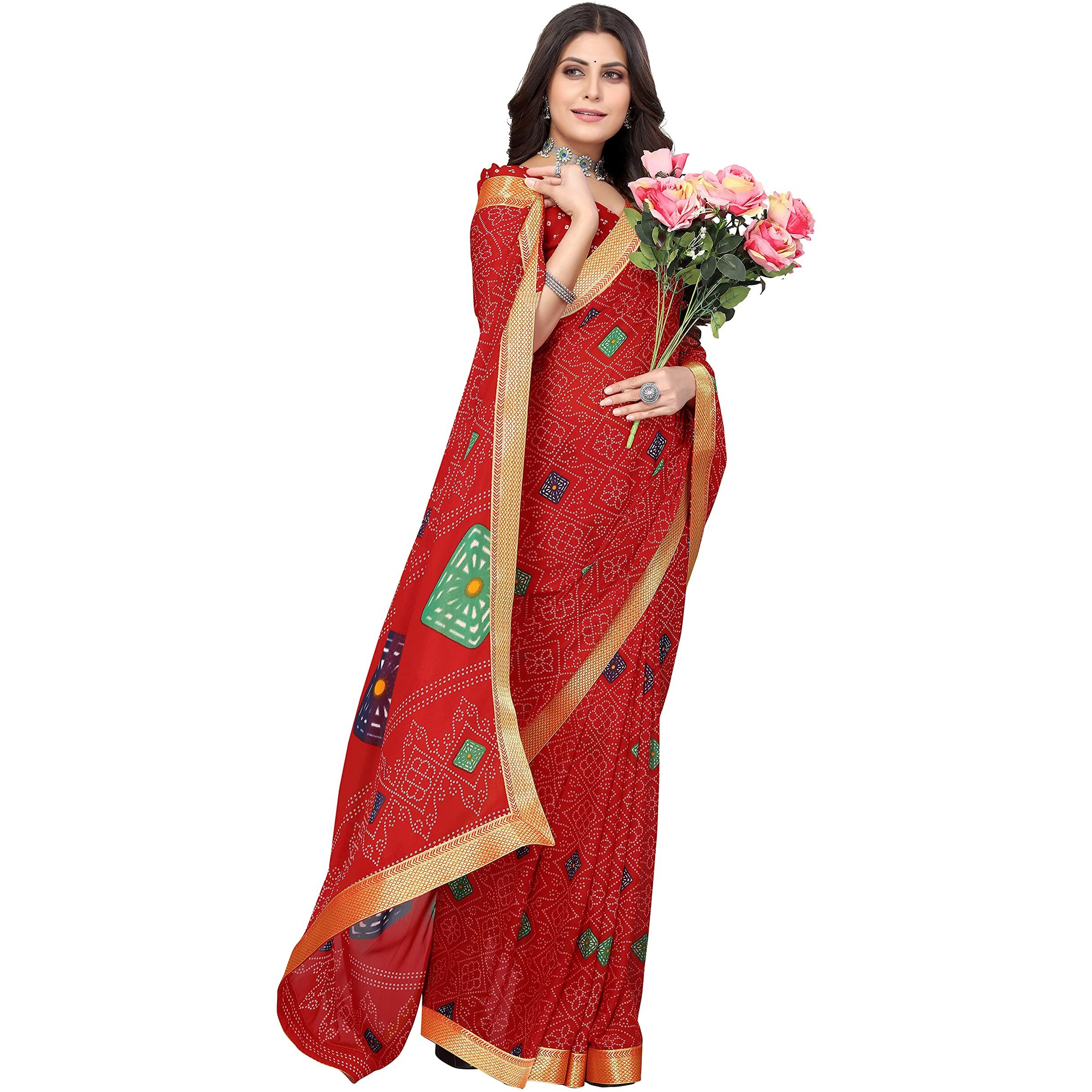 Yashika Printed Georgette Saree With Lace Border Free size ROHINI RED