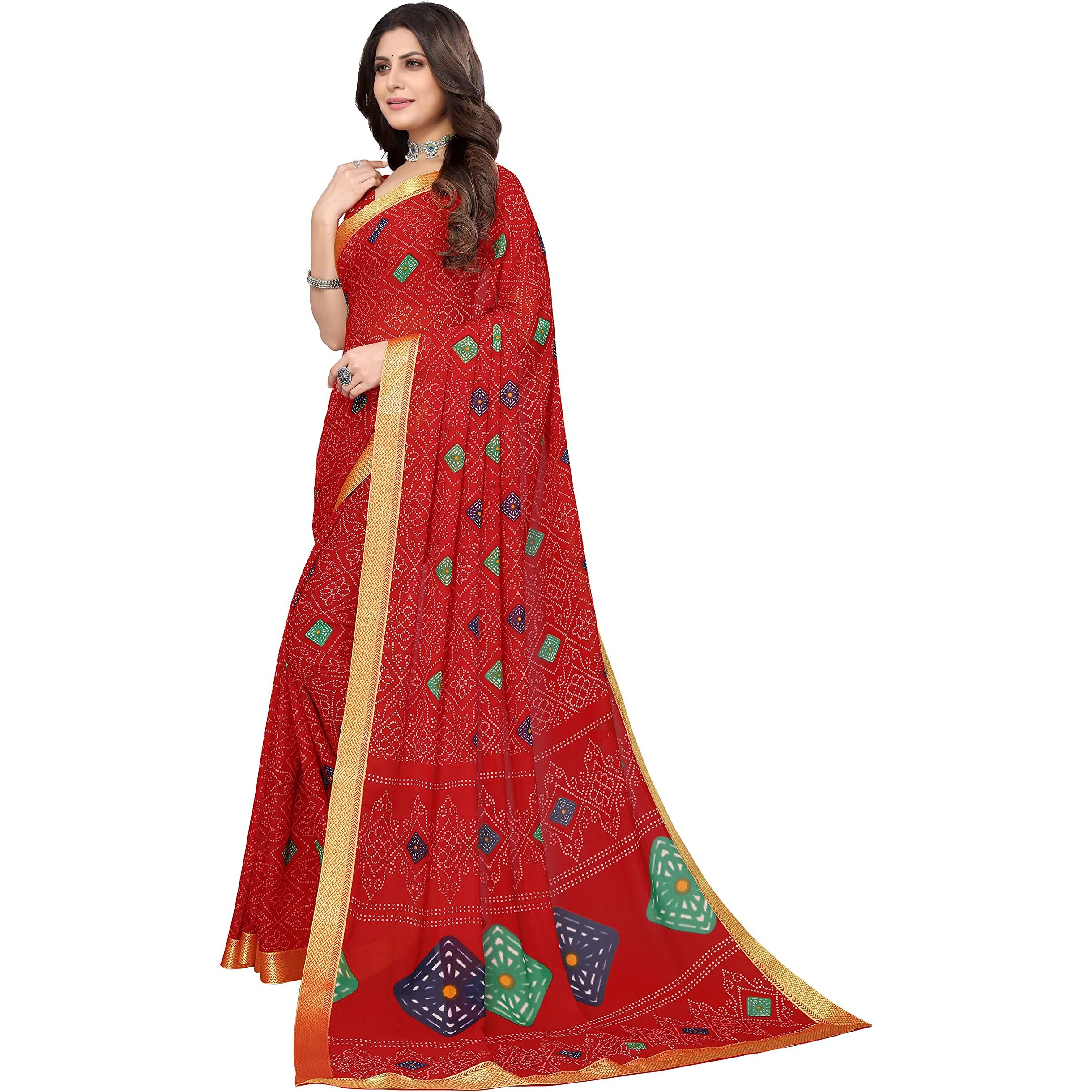 Yashika Printed Georgette Saree With Lace Border Free size ROHINI RED