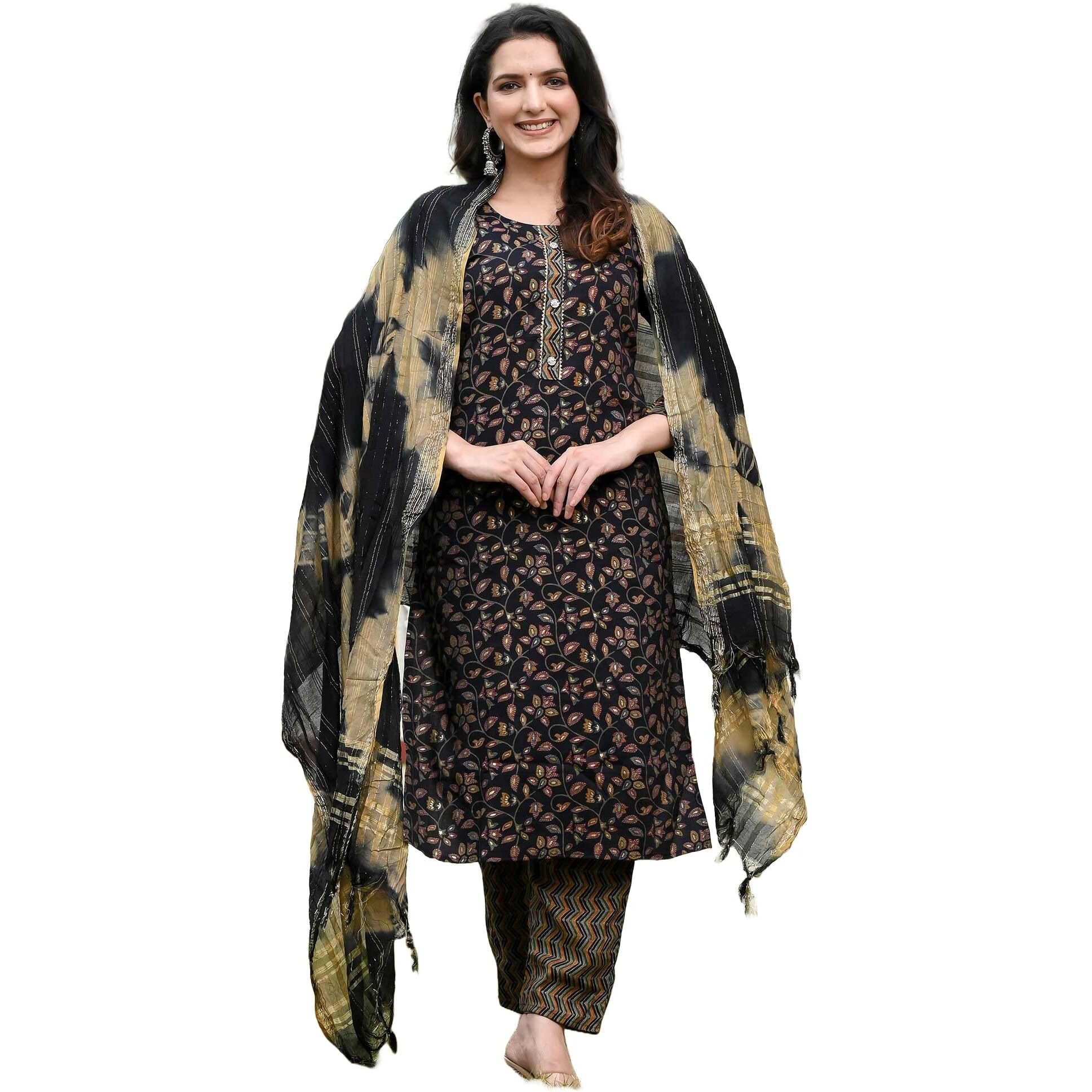 Yashika Women's Embroidered Cotton Straight Kurta Set with Pants & Dupatta - Elevate Your Style with This Exquisite Ensemble (AZ-YS-OG-KS2108-S) Black