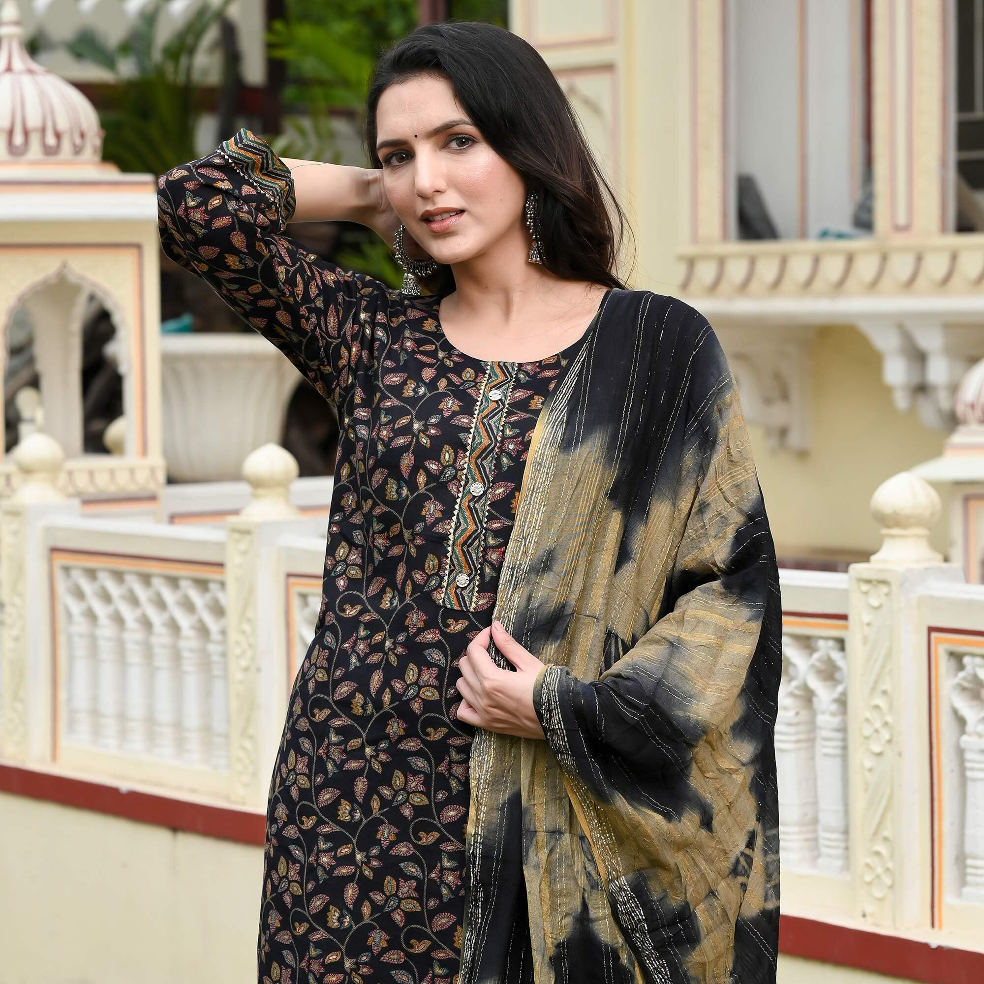 Yashika Women's Embroidered Cotton Straight Kurta Set with Pants & Dupatta - Elevate Your Style with This Exquisite Ensemble (AZ-YS-OG-KS2108-S) Black