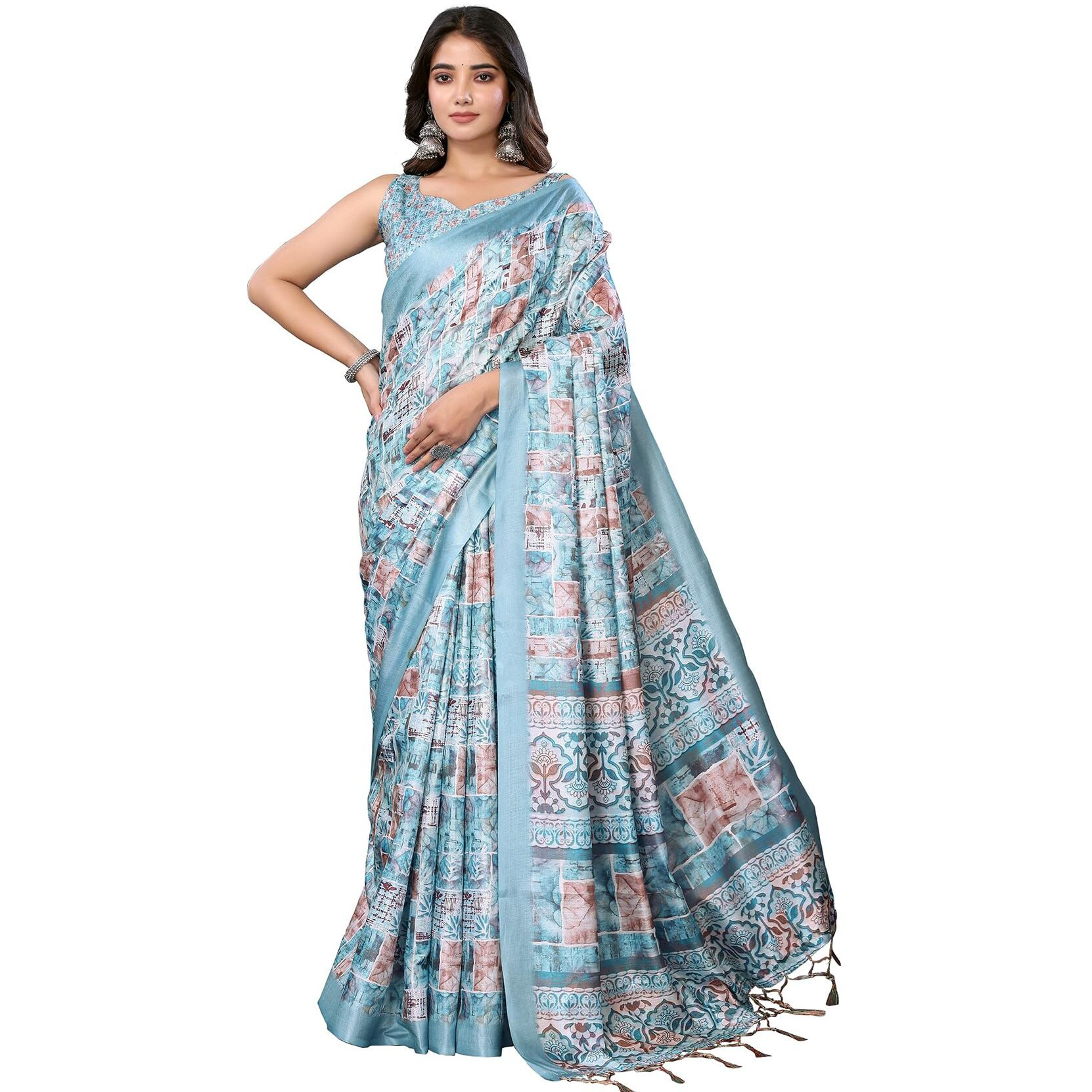 Yashika Women's Digital Print Art Silk Cotton Saree with Tassels and Golden Border - Lightweight and Elegant Ethnic Wear for Festive and Casual Occasions (AZ-YS-P1-PUSHPA 13)