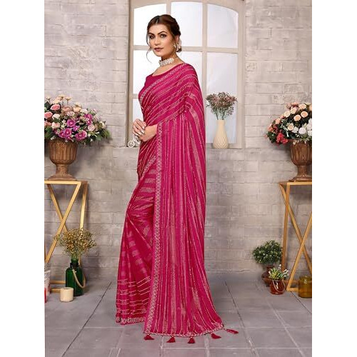 Yashika Women's Woven Chiffon Latest Black Rangoli Fabric Saree with Lace and Blouse Material (AZ-YS-P1-SWARNA-TANIKSHA-Parent-NEW_Pink)