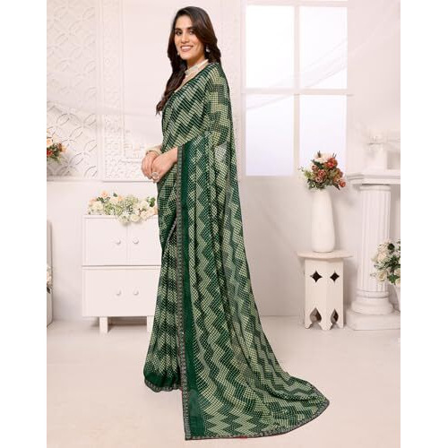 Yashika Women's Woven Latest Georgette and Hot Fix Lace Saree with Unstitched Blouse Material (AZ-YS-P1-BANDANA-Parent_Green)