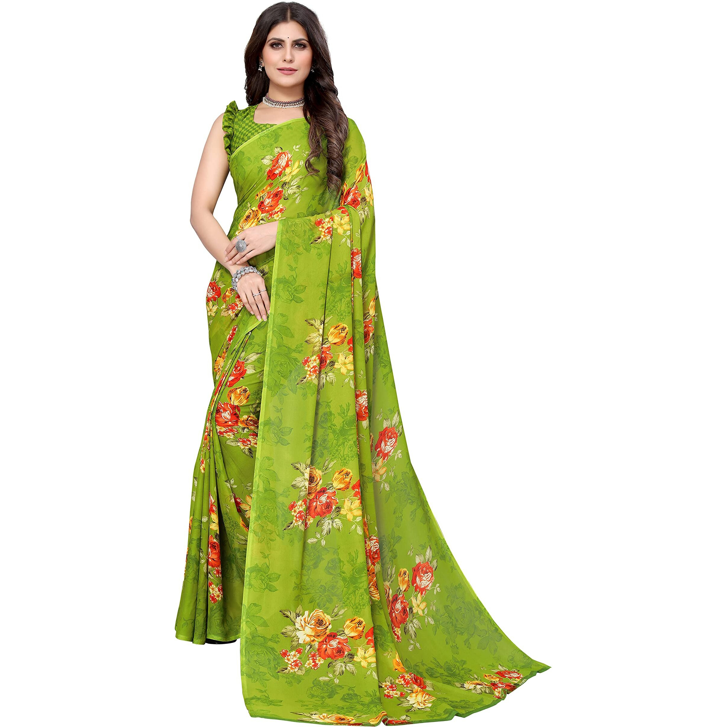 Yashika Women's Plain Polyester Printed Georgette Saree (APEXA Green
