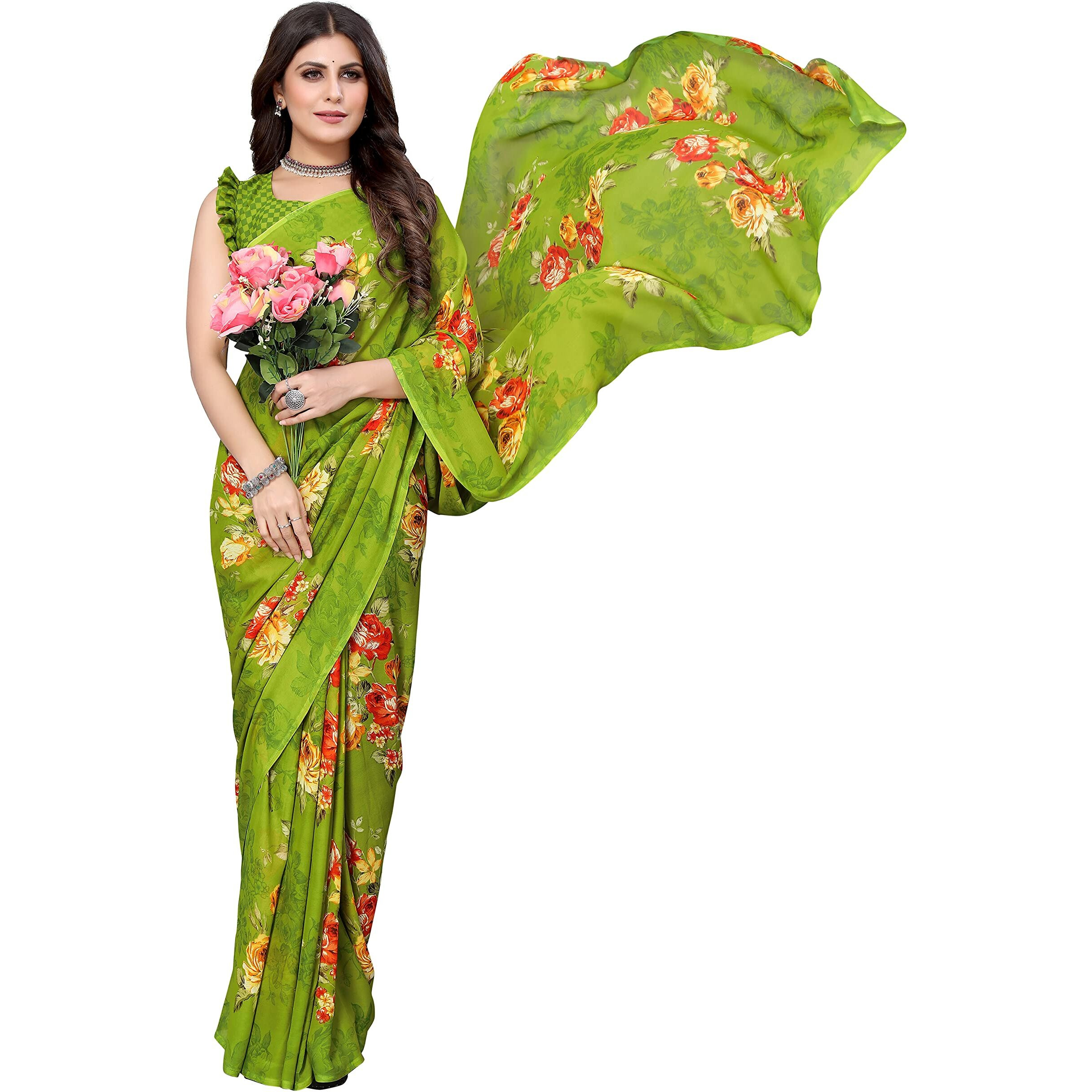 Yashika Women's Plain Polyester Printed Georgette Saree (APEXA Green