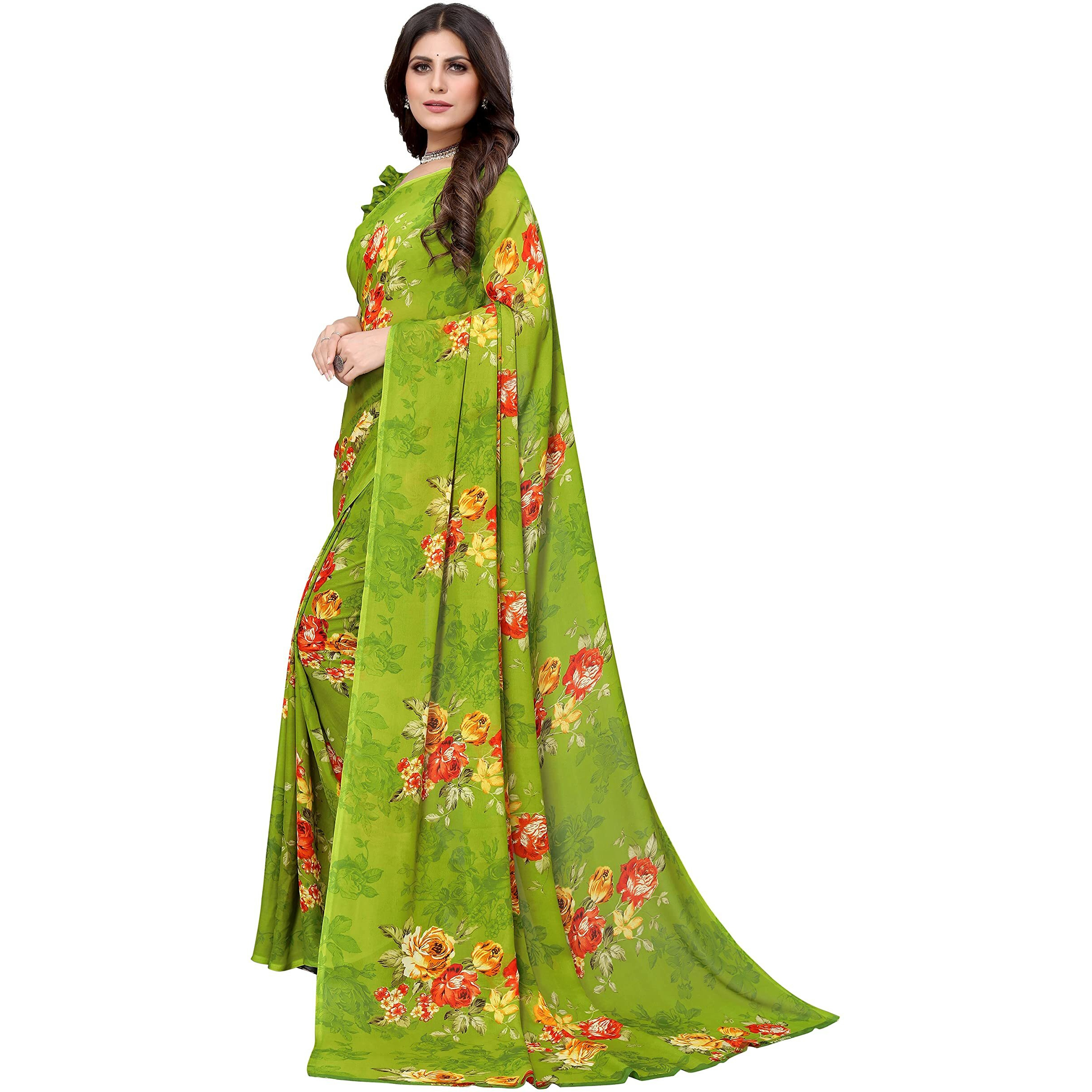 Yashika Women's Plain Polyester Printed Georgette Saree (APEXA Green