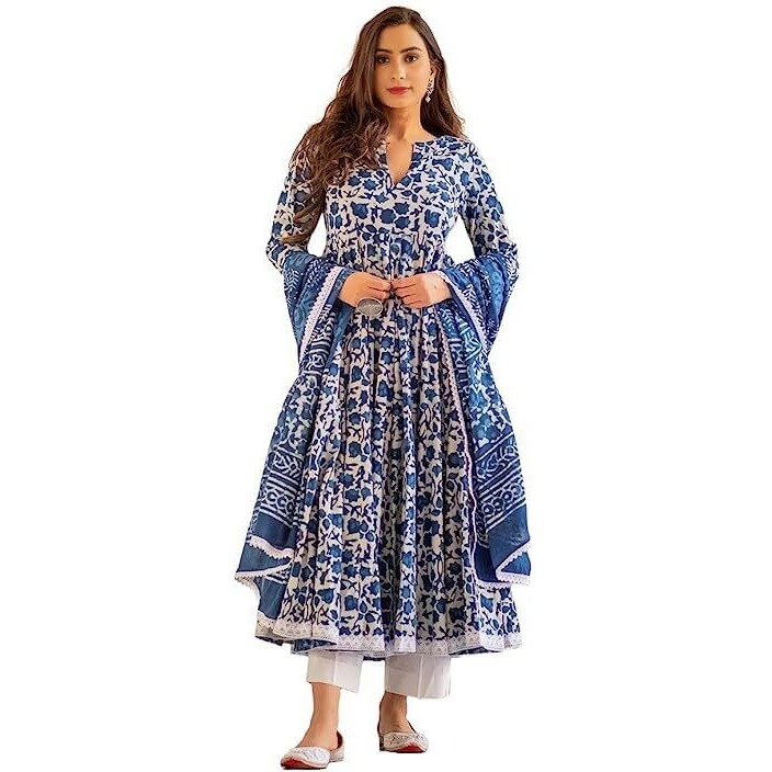 Yashika Women's Trendy Printed Cotton Blend Flared Blue Color Anarkali Style Lace Kurta with Dupatta(YS-KS2068-XL)