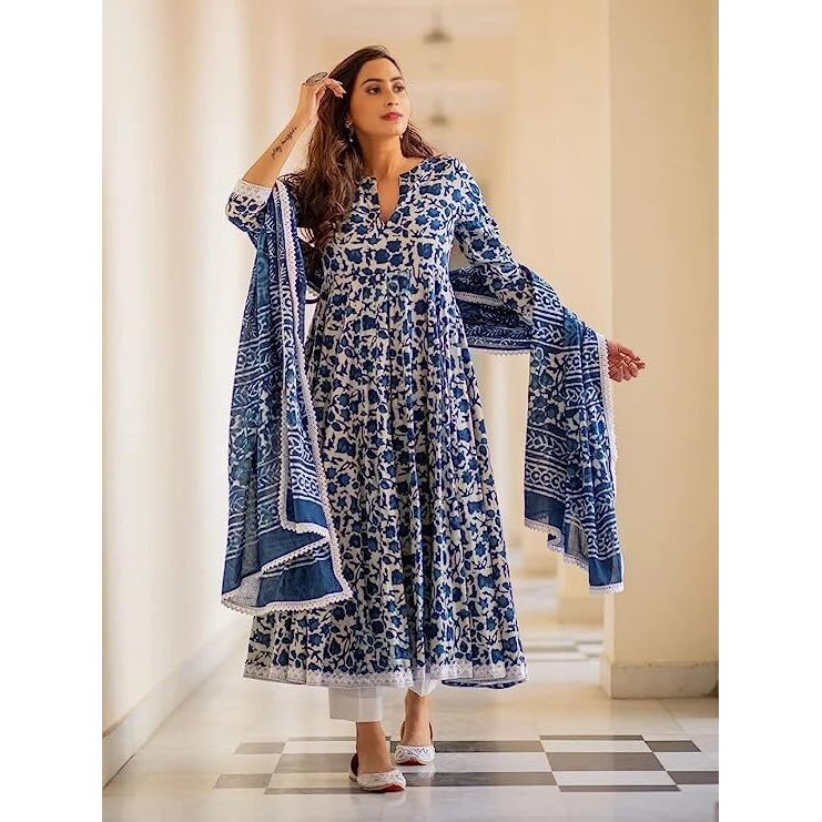 Yashika Women's Trendy Printed Cotton Blend Flared Blue Color Anarkali Style Lace Kurta with Dupatta(YS-KS2068-XL)