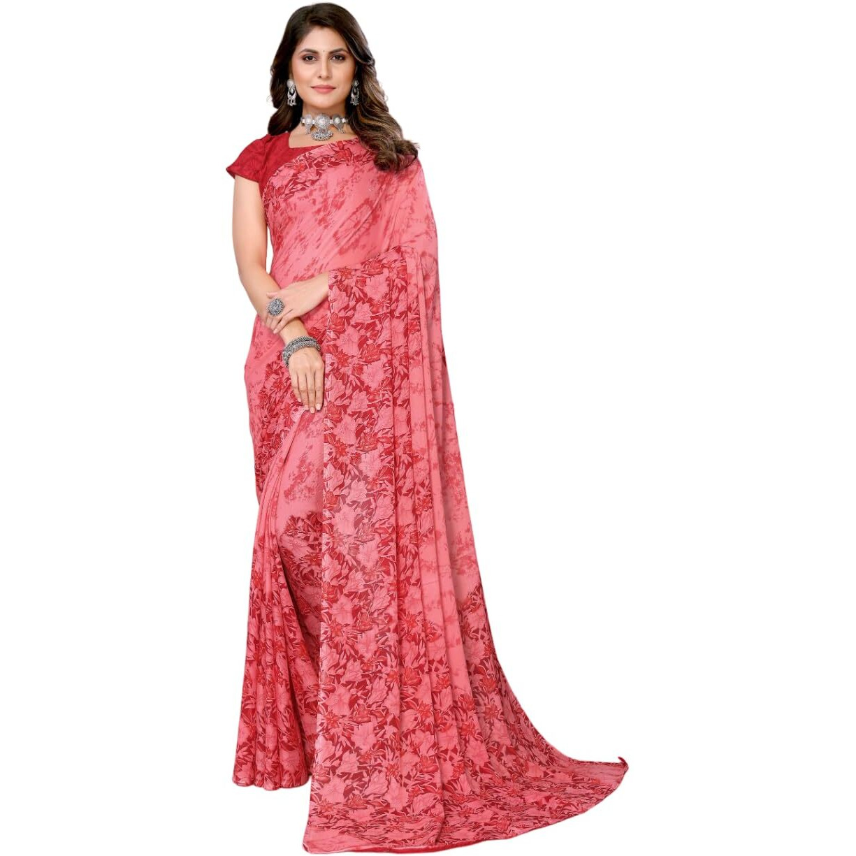 Yashika Women's Trendy Printed Georgette Peach Color Saree with Blouse Material(JANUJA PEACH)